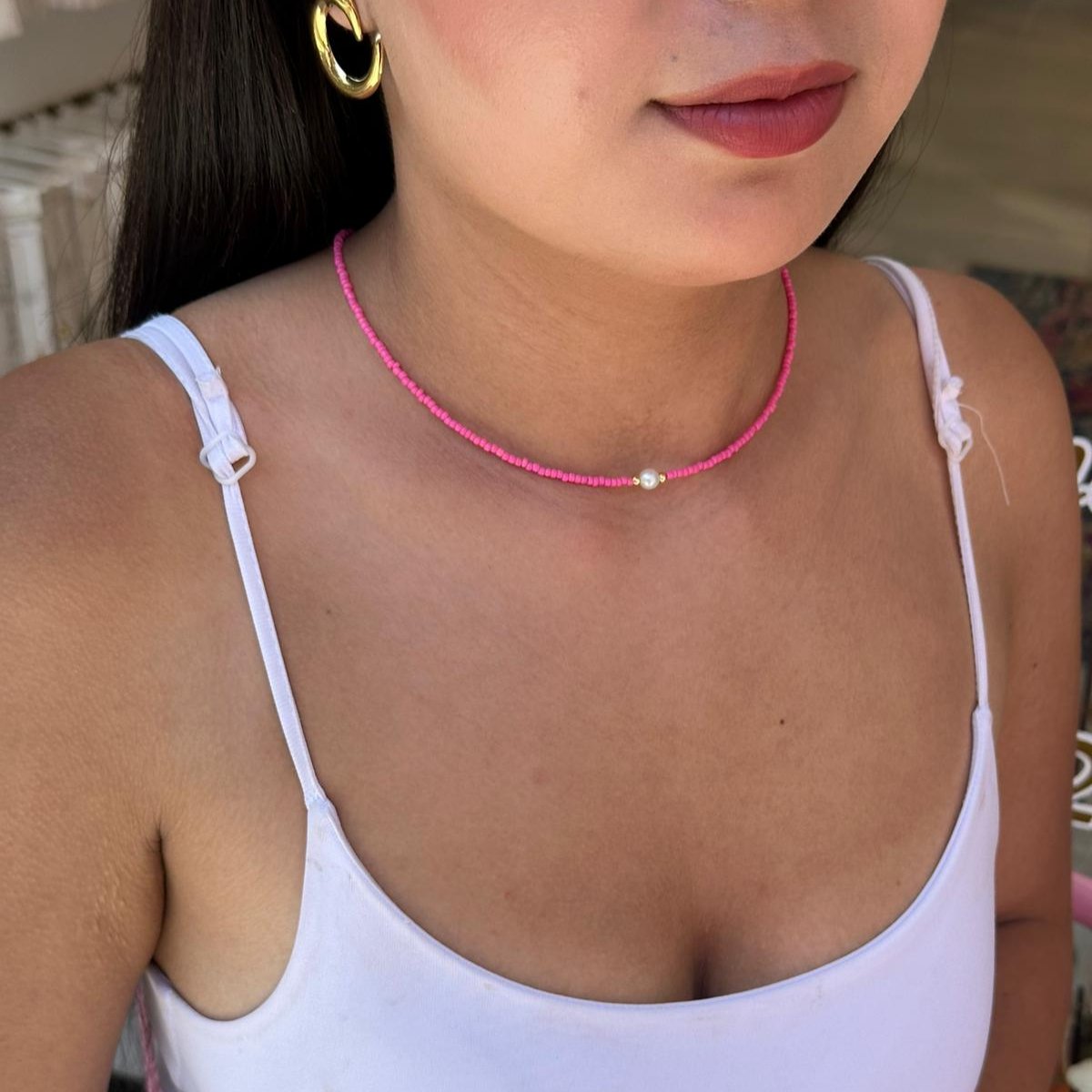 14K Altın Kaplama İncili Pembe Boncuk Kolye
