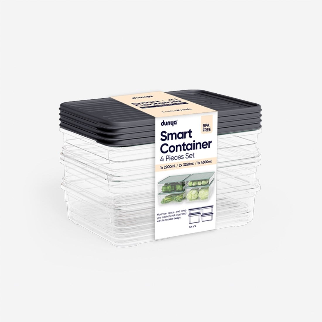4 Parça Smart Modüler Set ( 2200 ml, 2x3250 ml, 4300 ml )