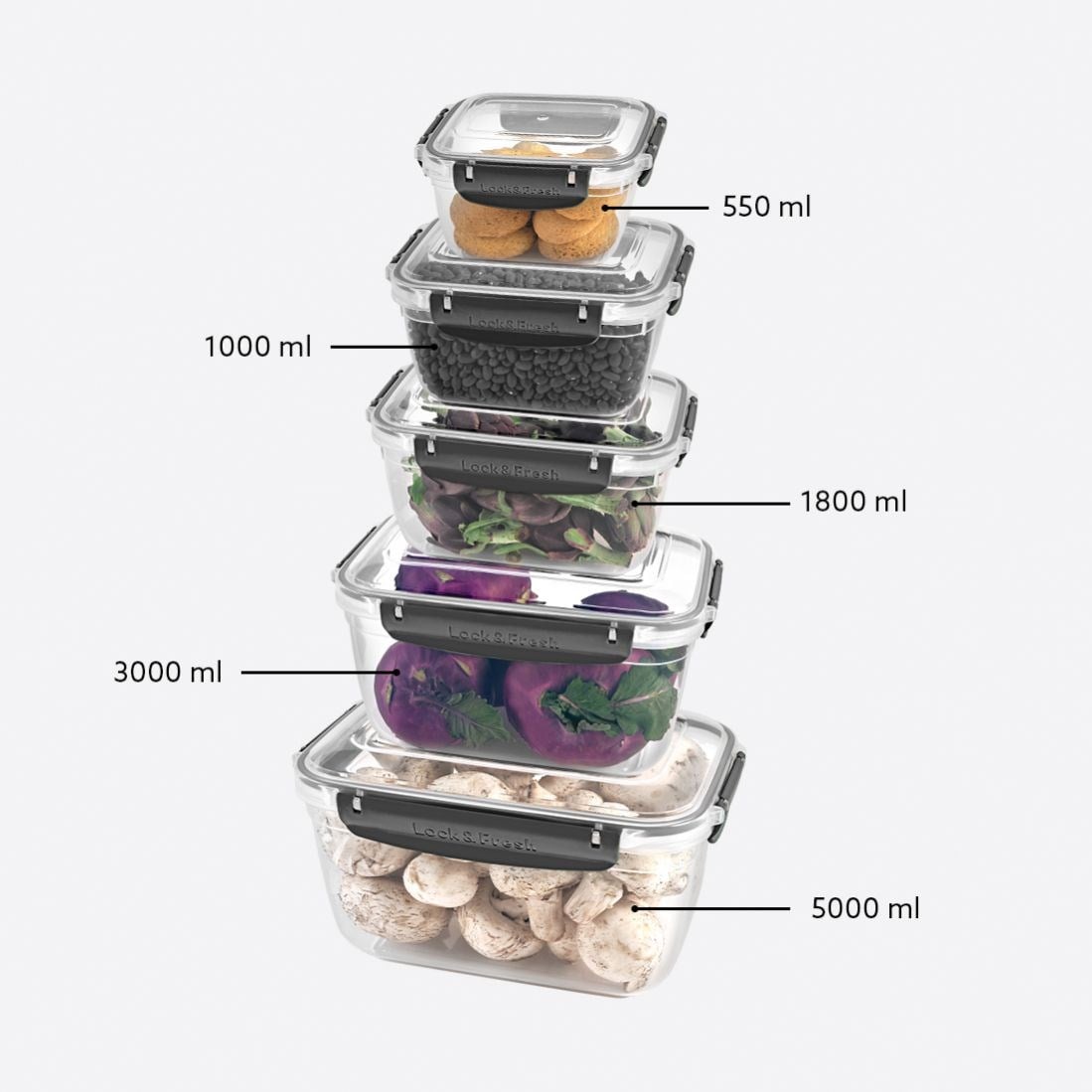 5 Parça Master Dikdörtgen Set (550-1000-1800-3000-5000 ml)