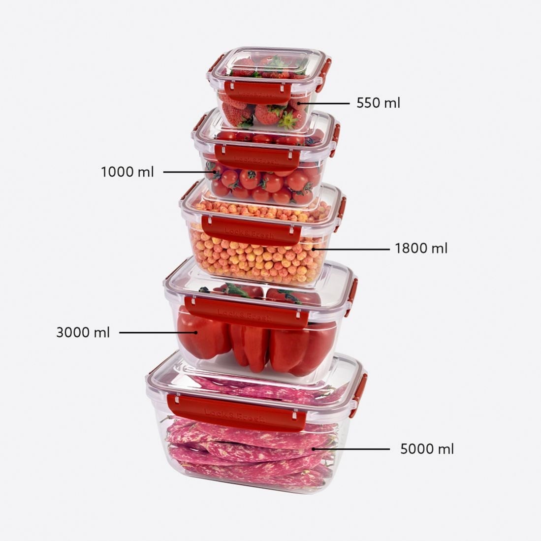 5 Parça Master Dikdörtgen Set (550-1000-1800-3000-5000 ml)