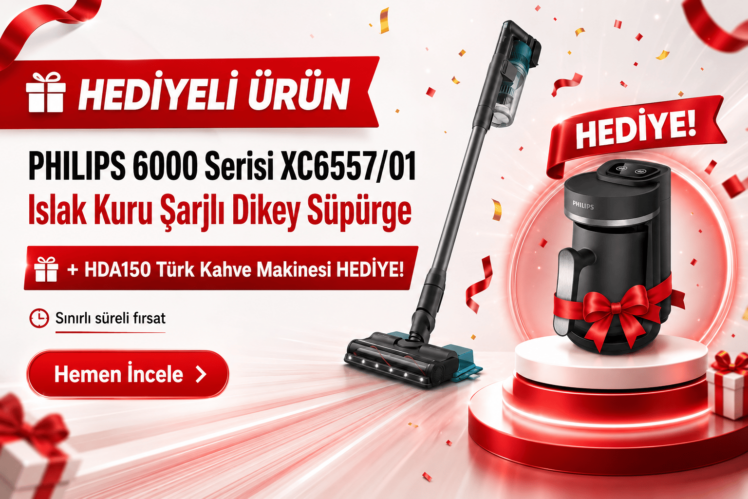 PHILIPS 6000 Serisi XC6557/01 Islak Kuru Şarjlı Dikey Süpürge + HDA150 Türk Kahve Makinesi Hediyeli