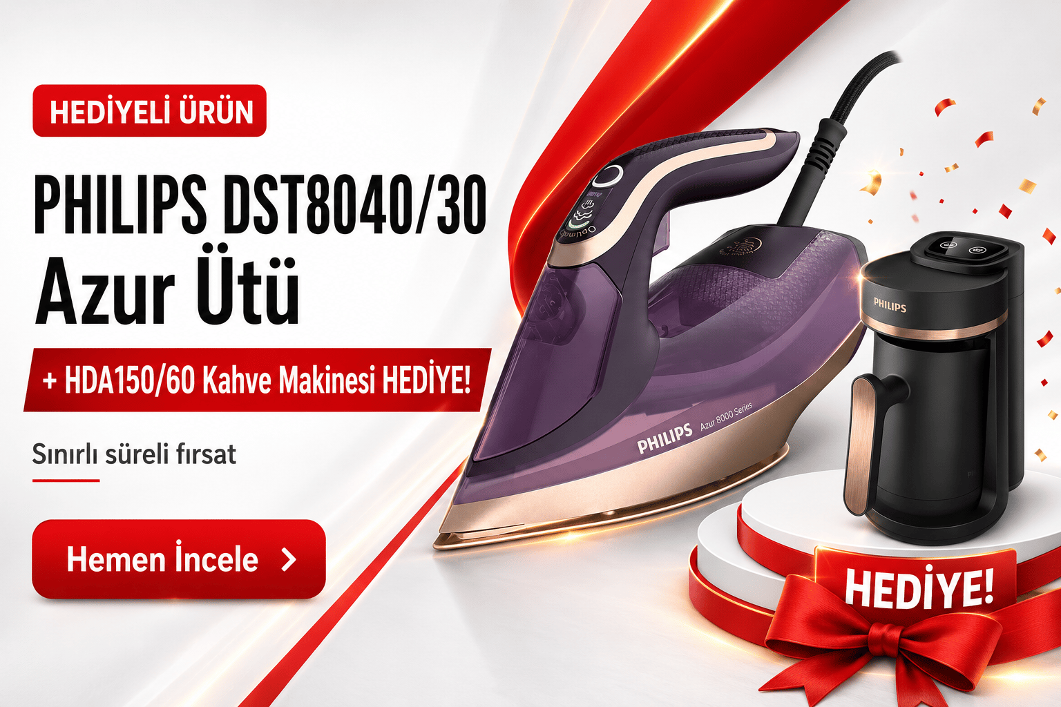PHILIPS DST8040/30 Azur Ütü + HDA 150/60 Kahve Makinesi Hediyeli