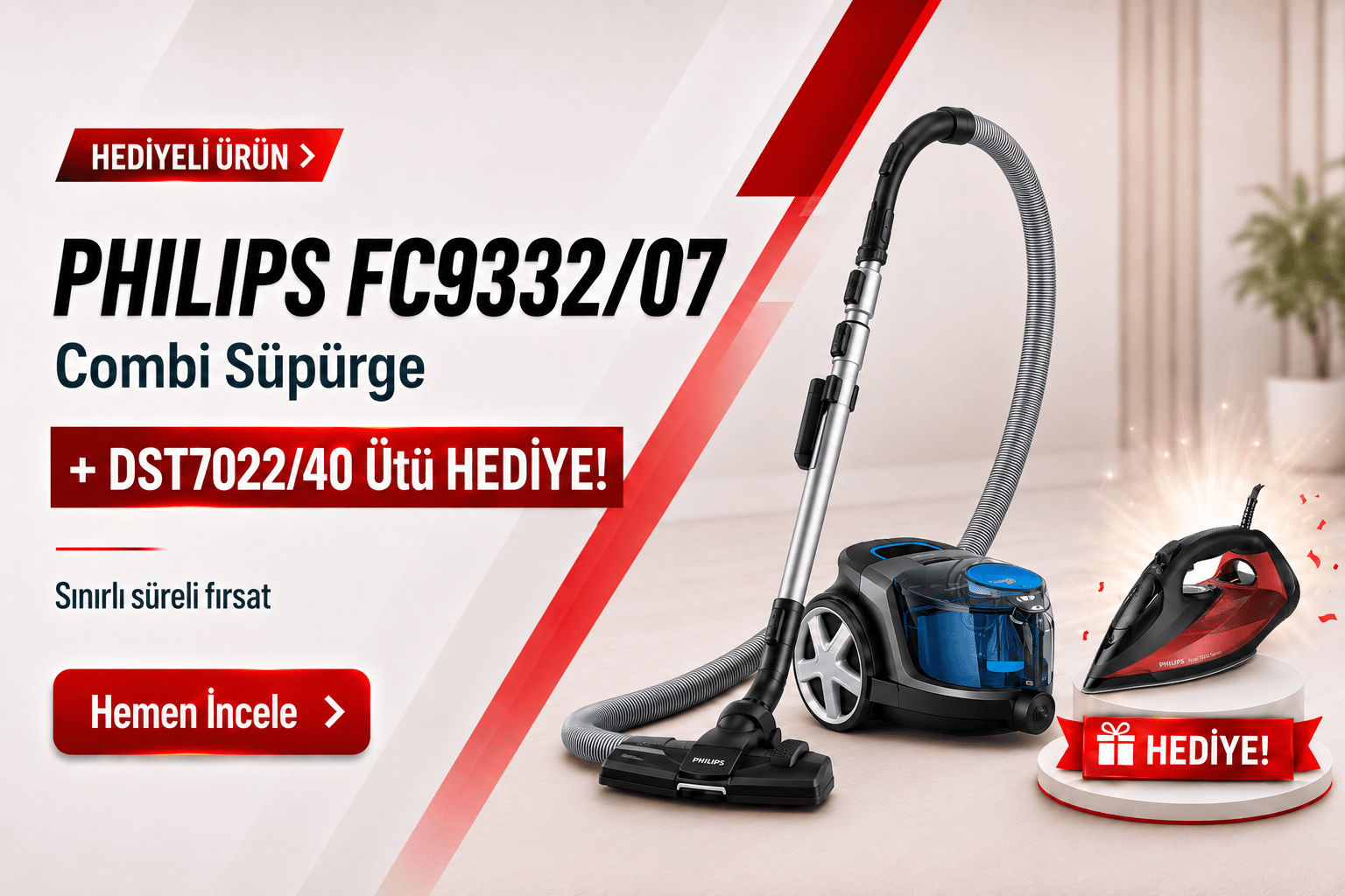 PHILIPS FC9332/07 Combi Süpürge + DST7022/40 Ütü Hediyeli
