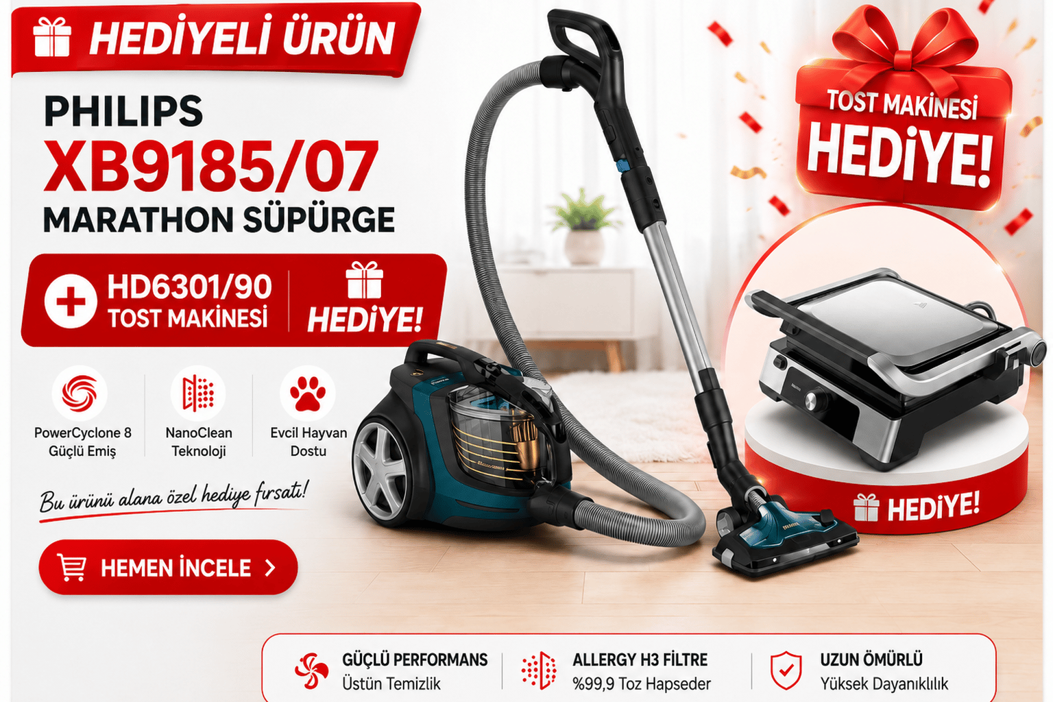 PHILIPS XB9185/07 Marathon Süpürge + HD6301/90 Tost Makinesi Hediyeli