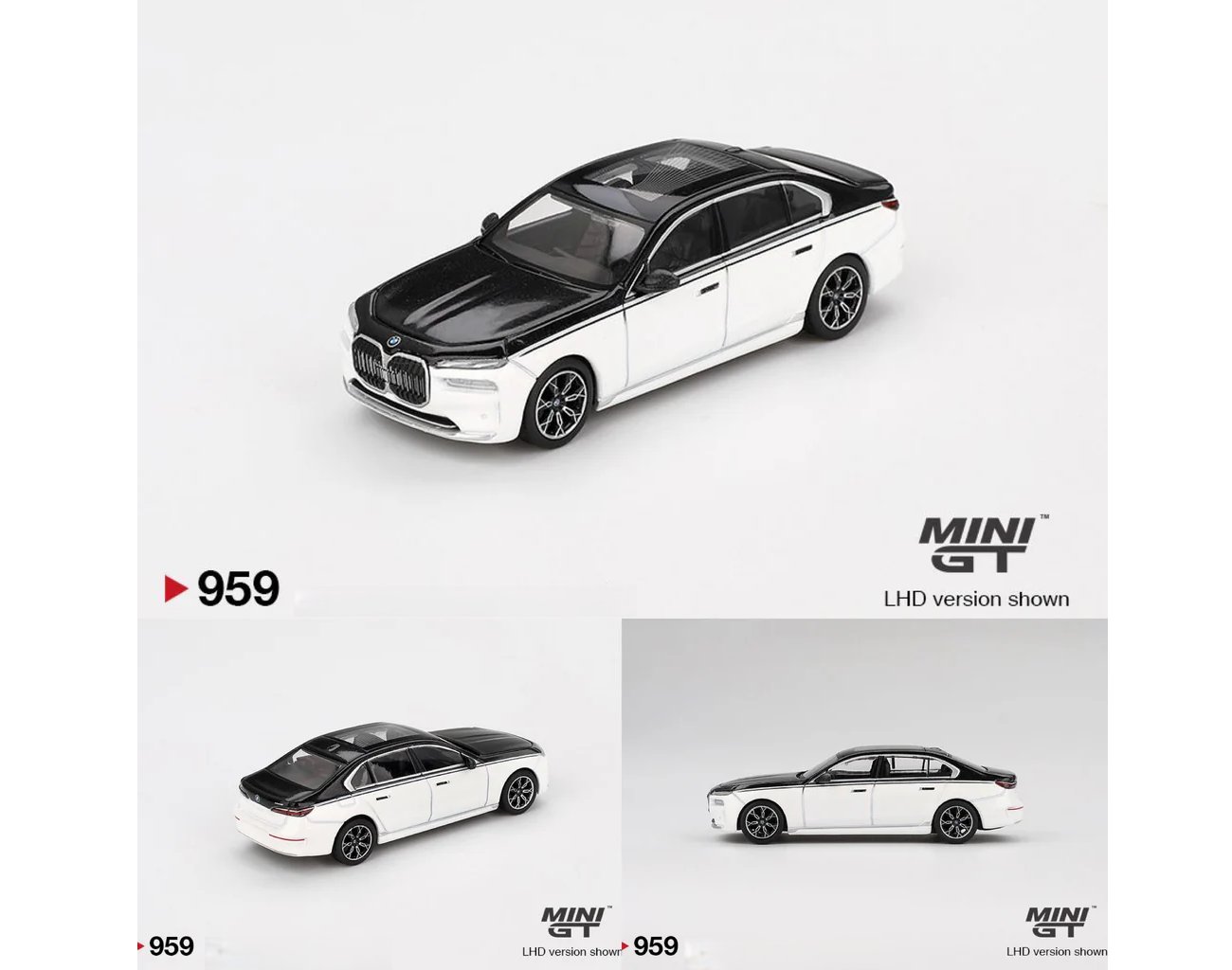 Mini GT BMW i7 xDrive60 Alpine White / Black Sapphire Diecast Model Araba