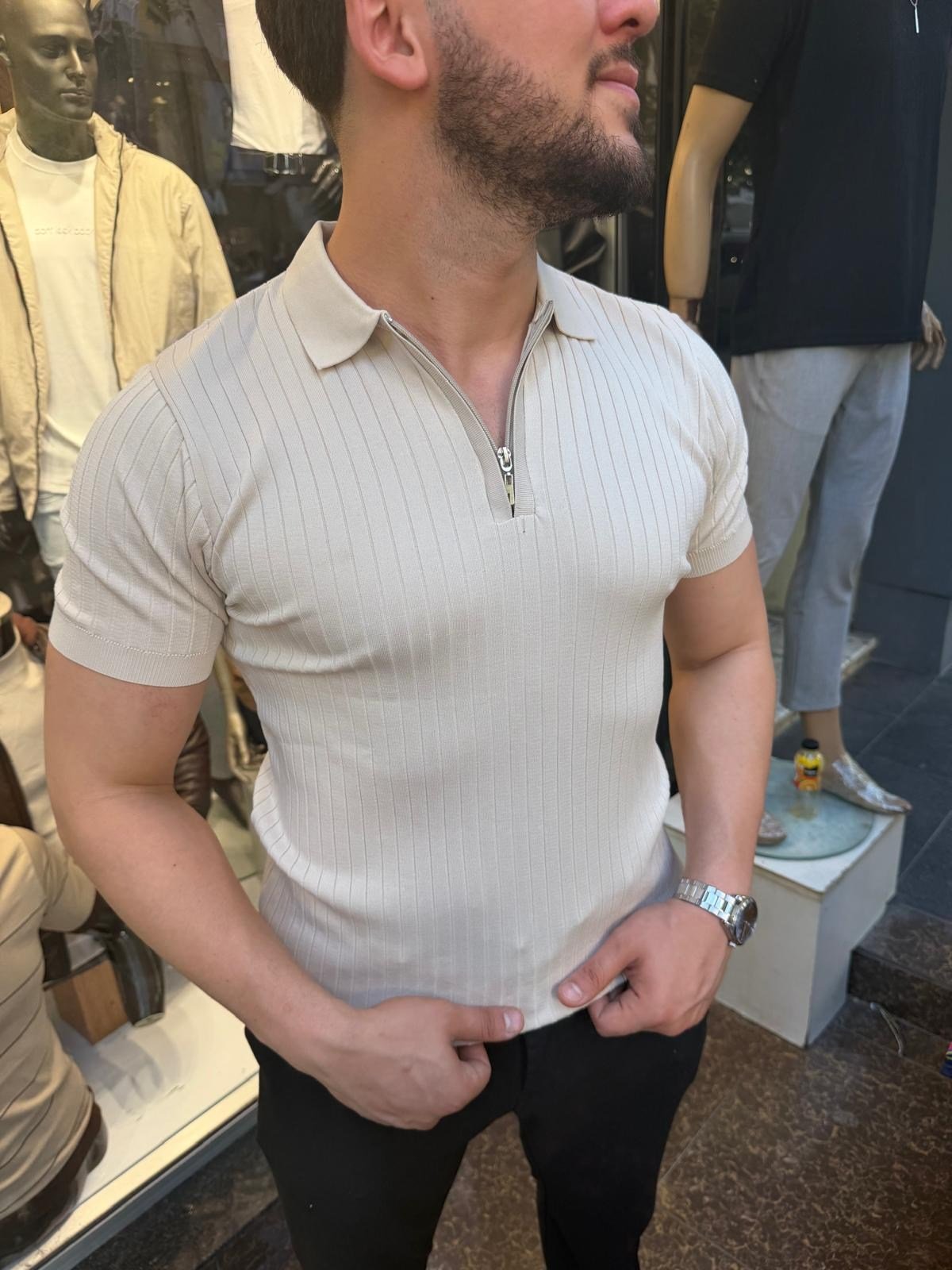 yarı fermuarlı beyaz çizgili tshirt