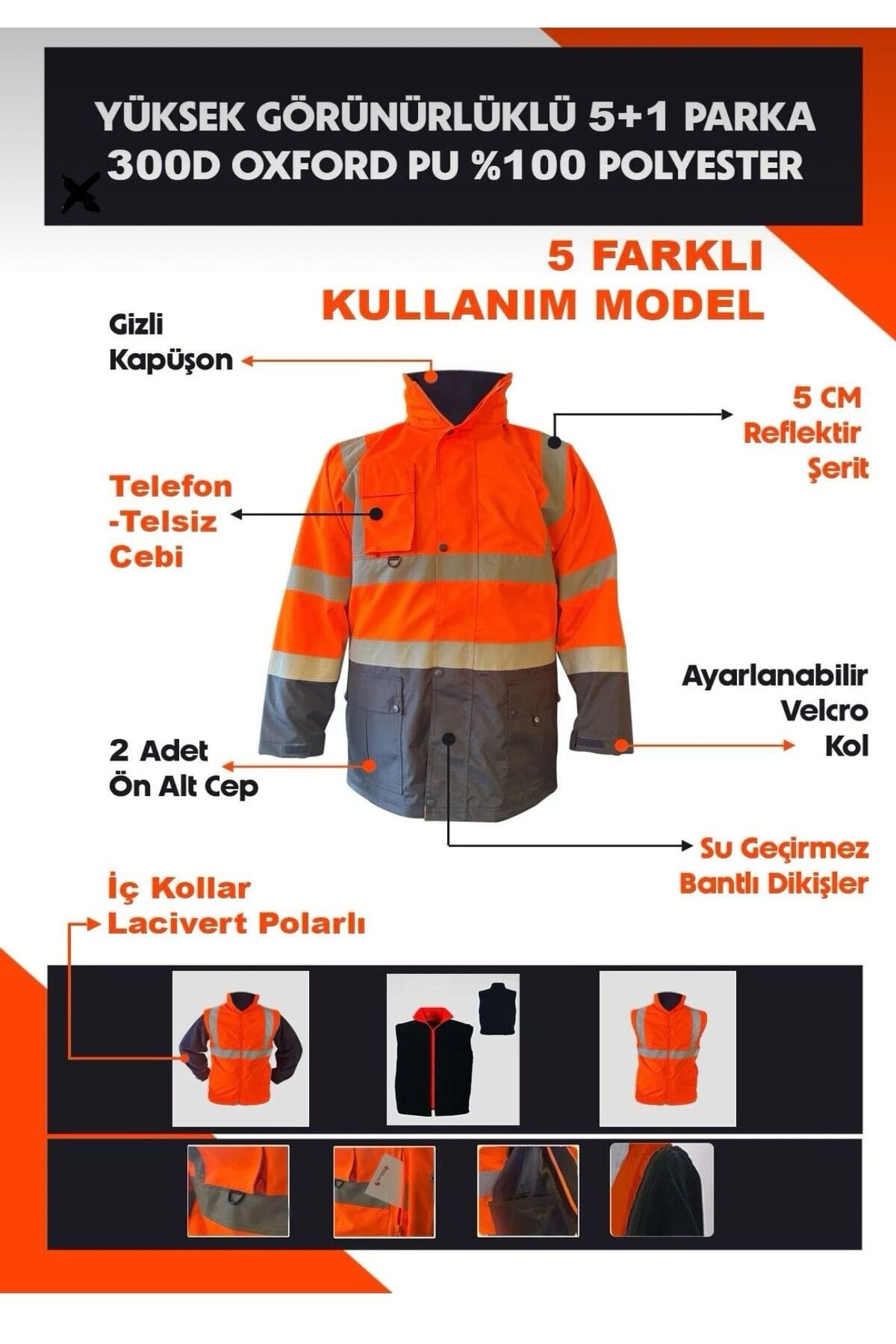 Yerli 5+1 Reflektörlü Kışlık Mont Parka İçi Çıkmalı Yerli Kaban İşçi Montu Mühendis Montu
