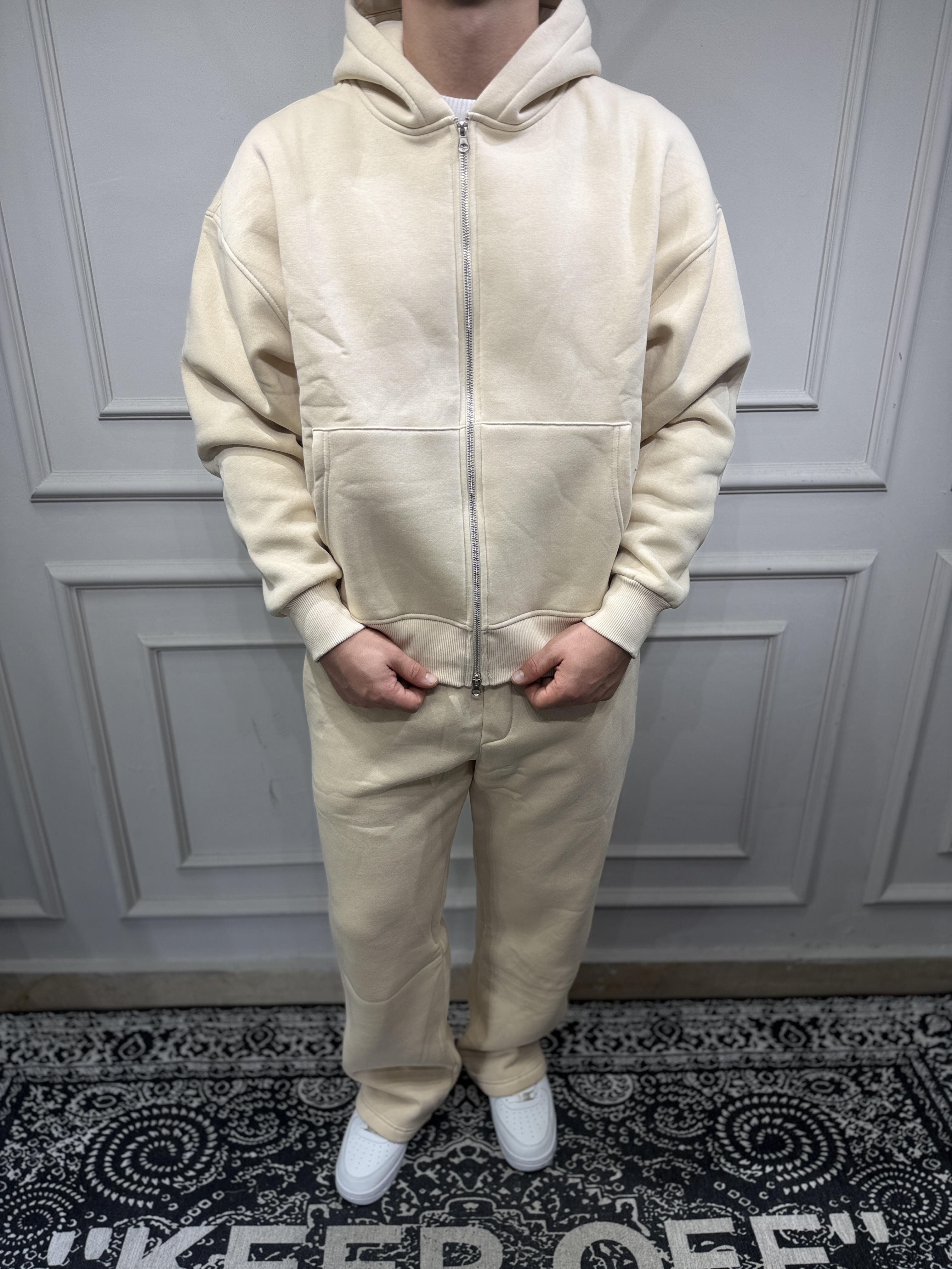 Fermuarlı Baggy Basic Eşofman Takım - Krem