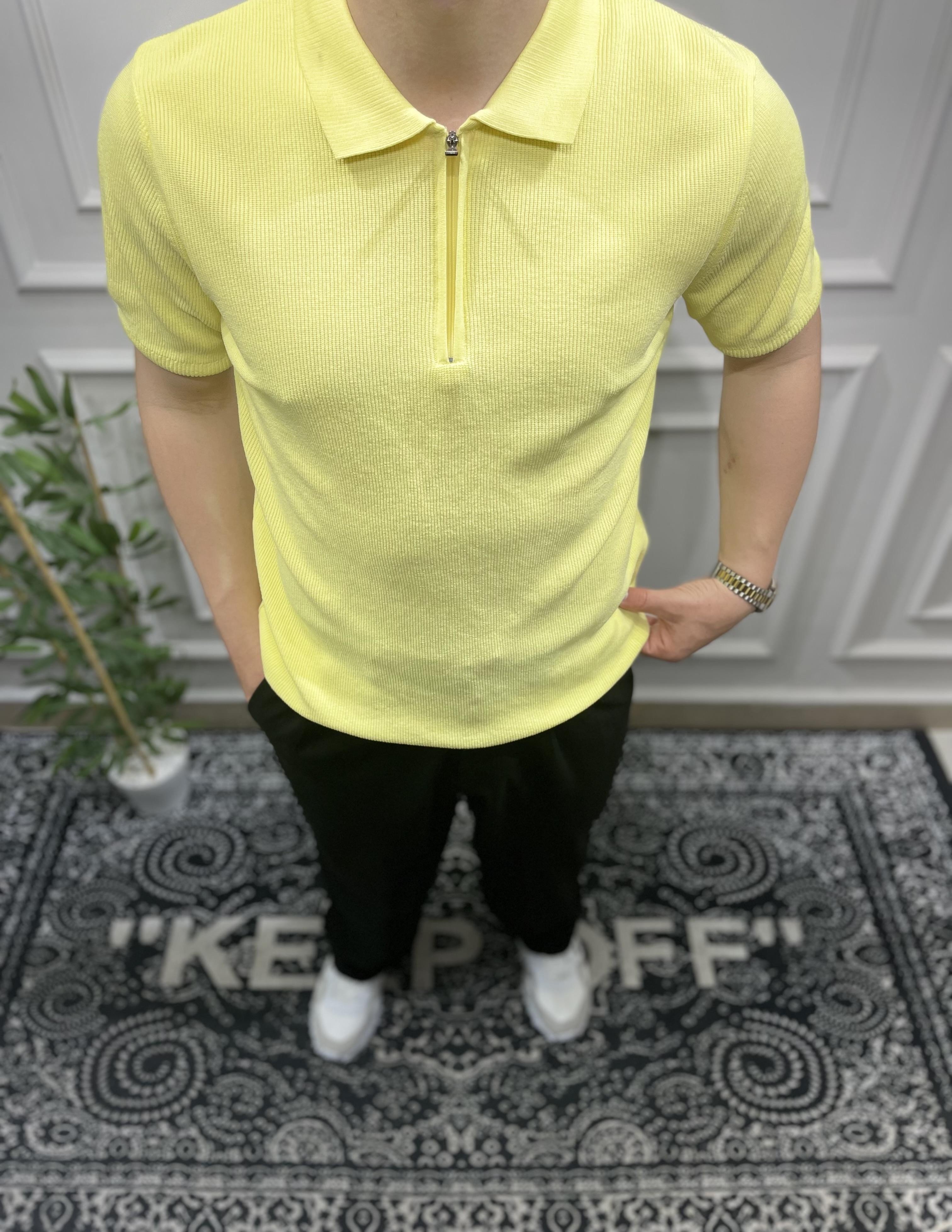 Fermuarlı Polo Yaka Triko - Sarı