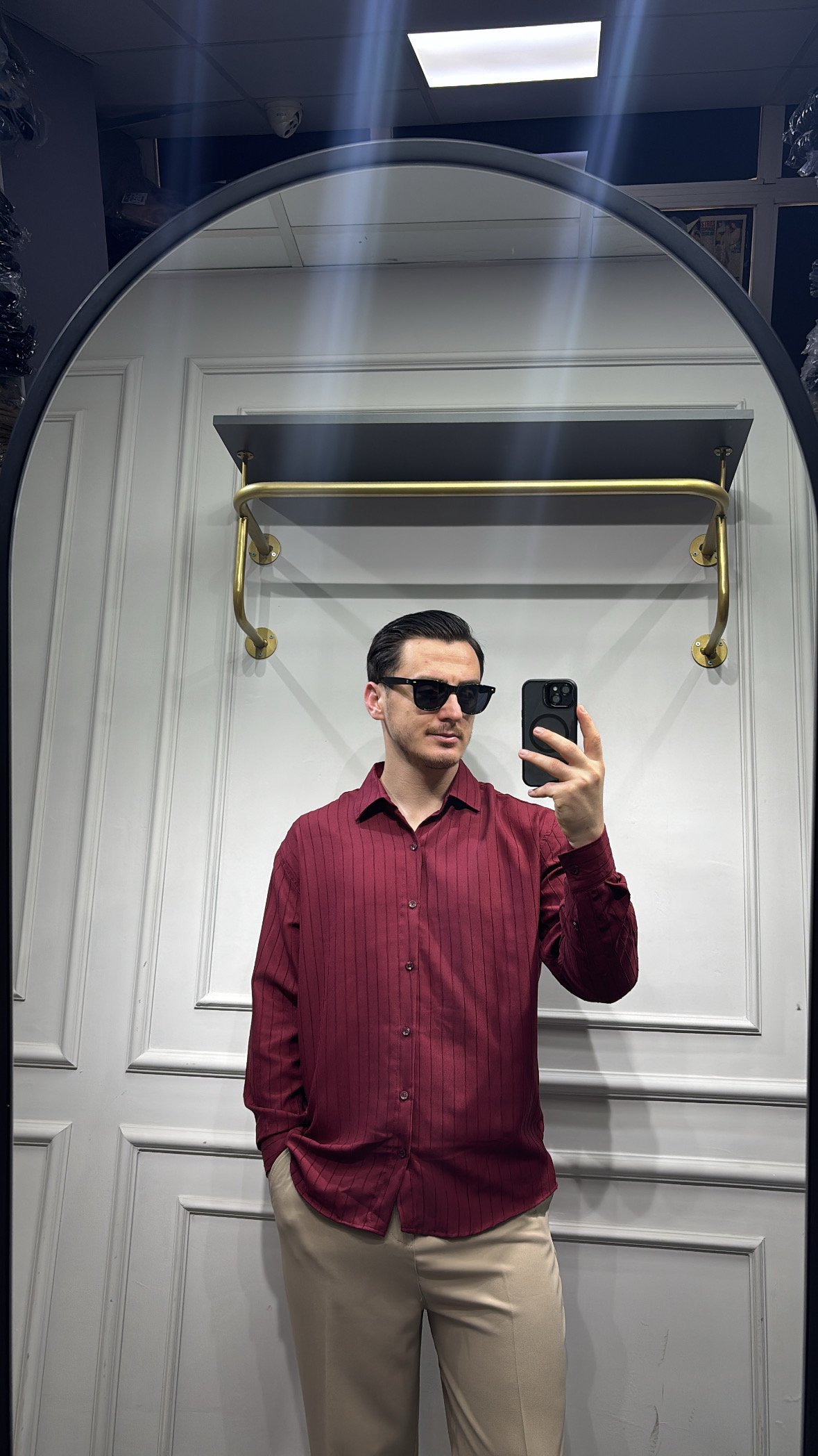 Kendinden Çizgi Desen Oversize Gömlek Bordo - Wng9003