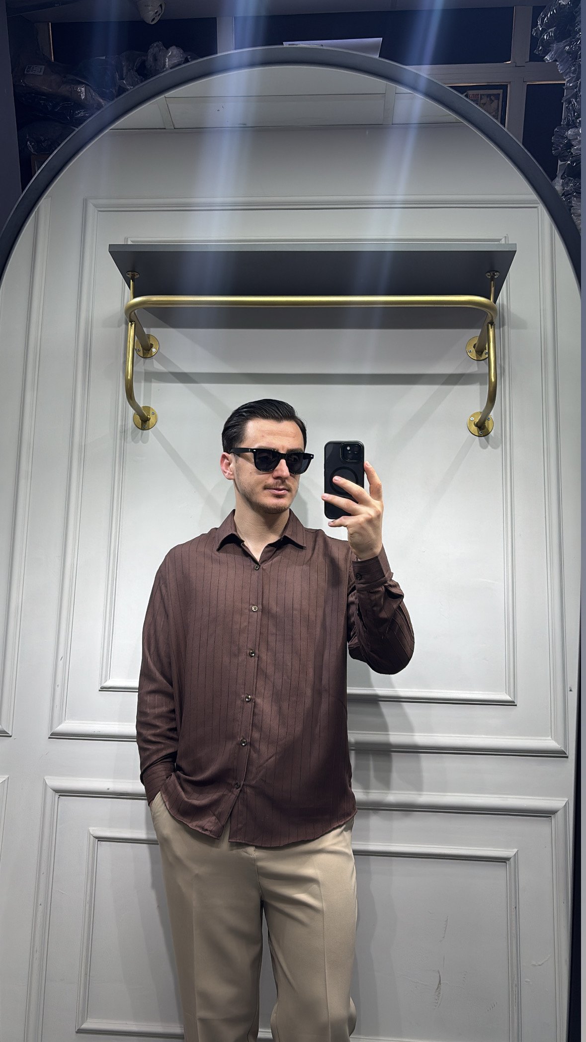 Kendinden Çizgi Desen Oversize Gömlek Kahverengi - Wng9003