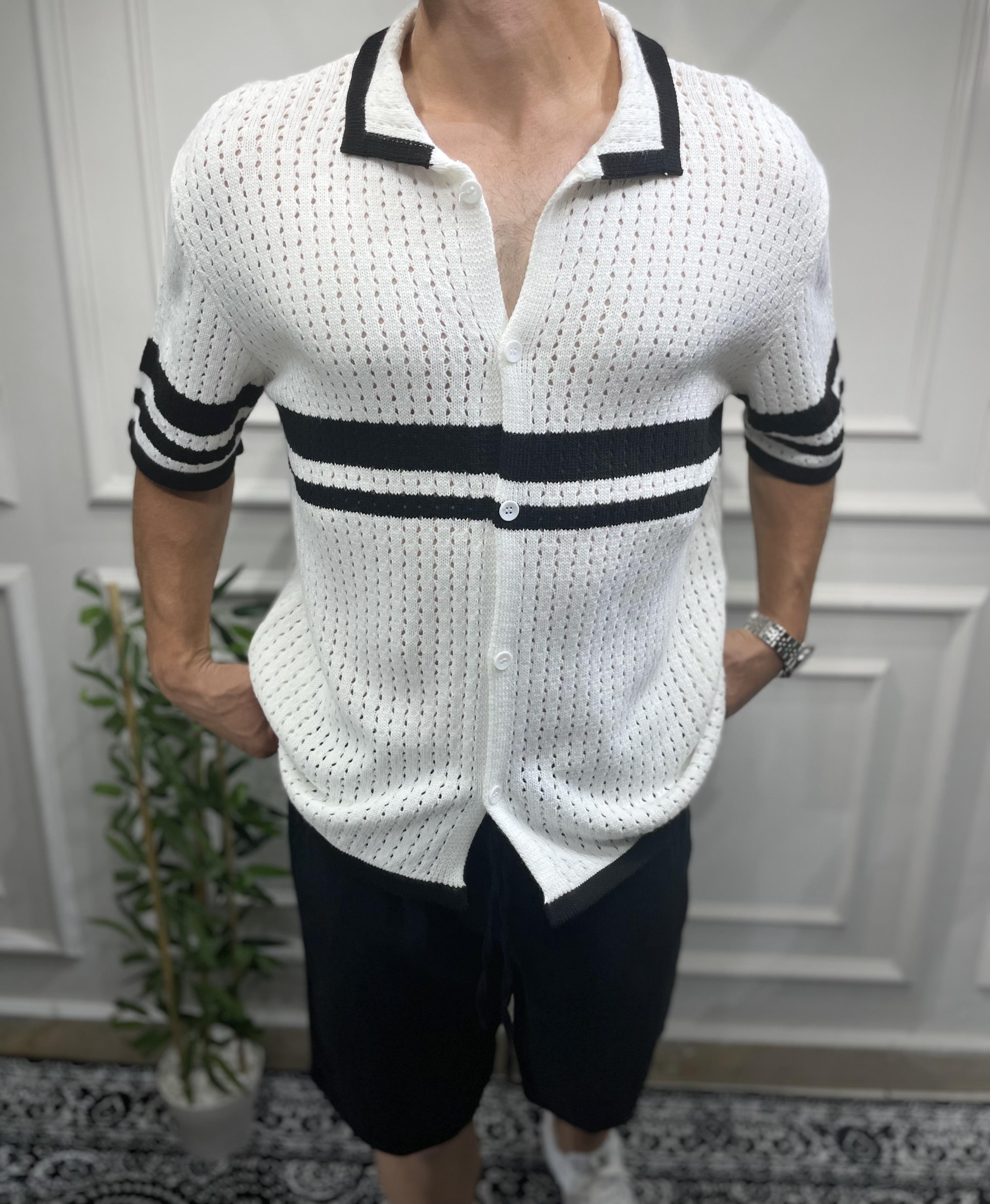 Oversize Yatay Şeritli Triko Gömlek - Beyaz