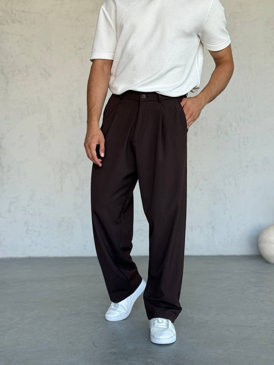 Pileli Baggy Kumaş Pantolon Kahverengi - W11