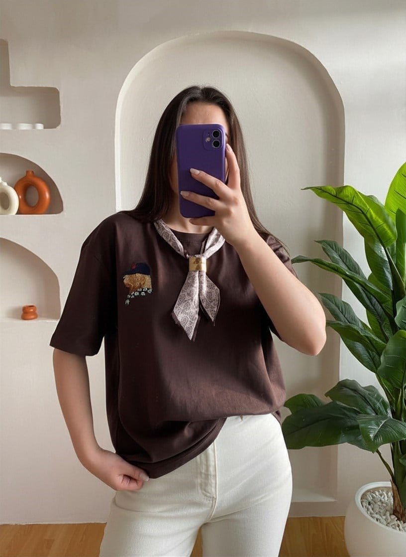Kahve Şal Detay Pamuklu T-shirt