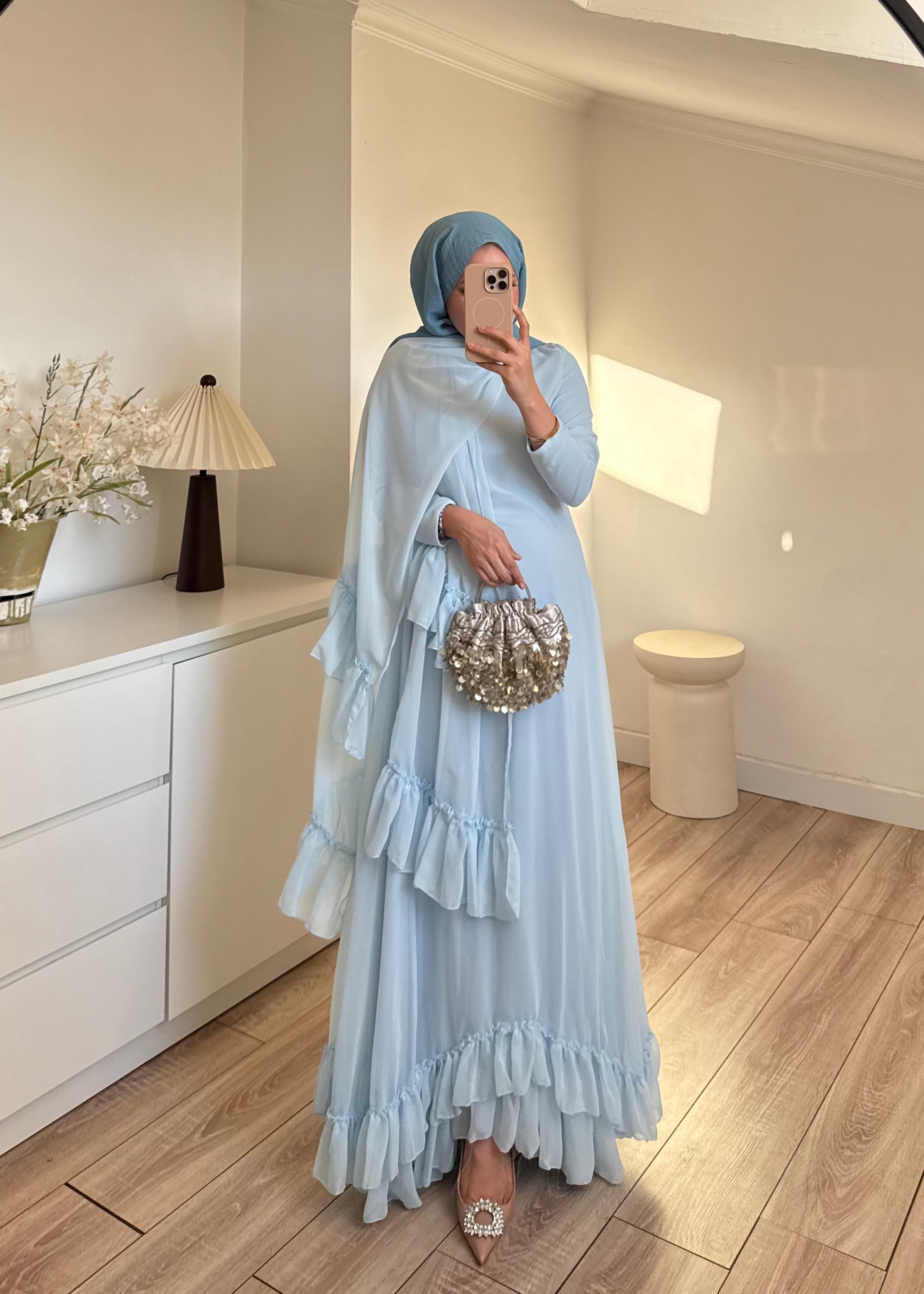 Şal Detaylı Elbise Mavi