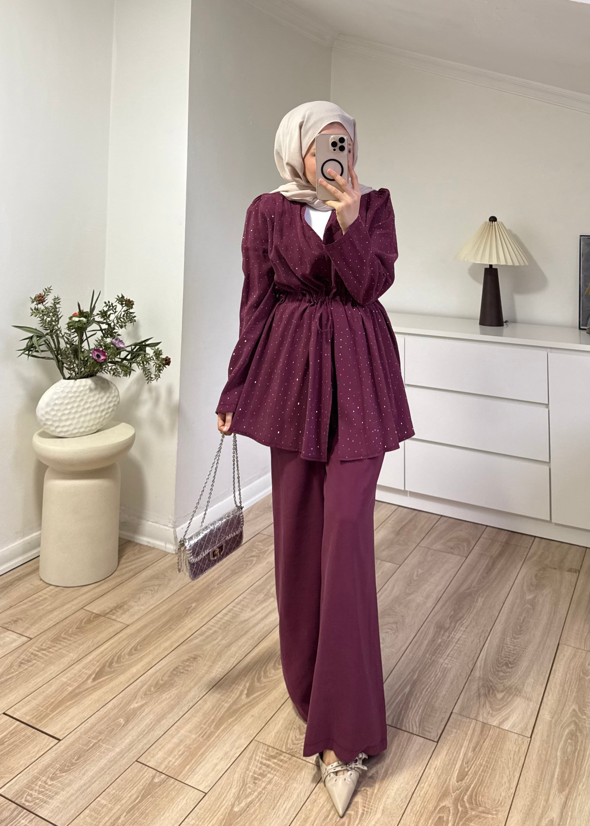Taşlı Takım Bordo