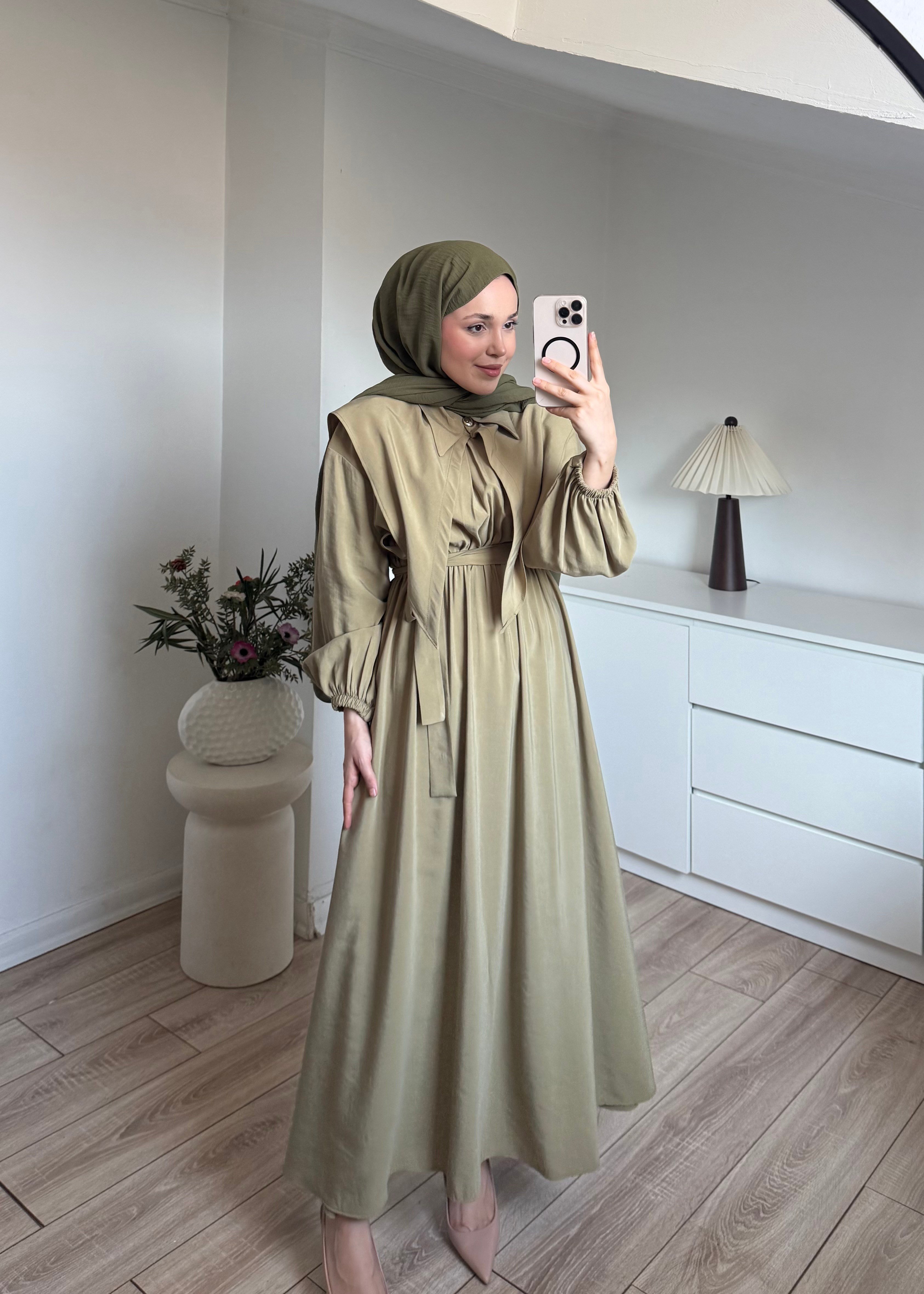 Yakalı  Elbise Yağ Yeşili