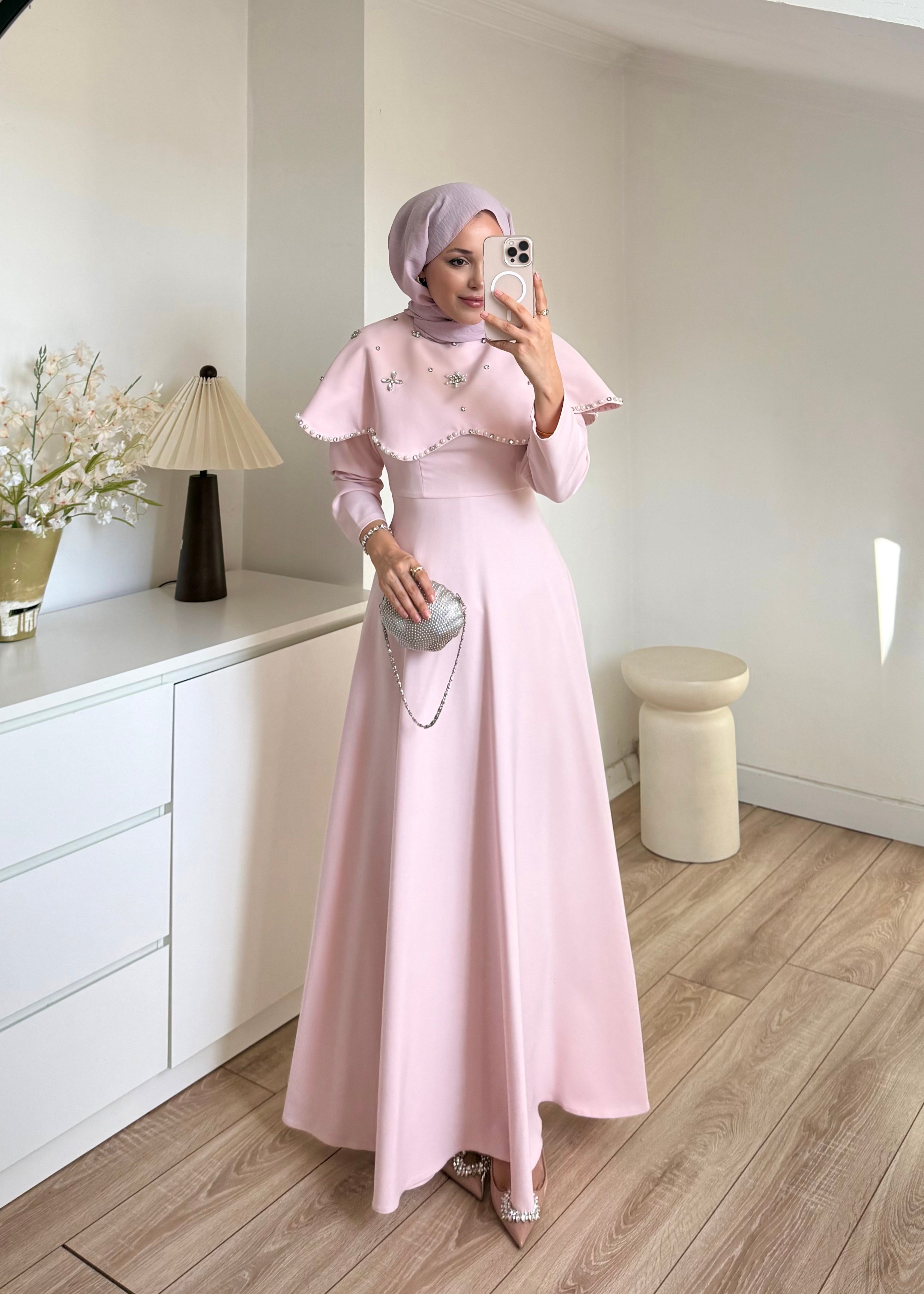 Yakalı Taşlı Abiye Pembe