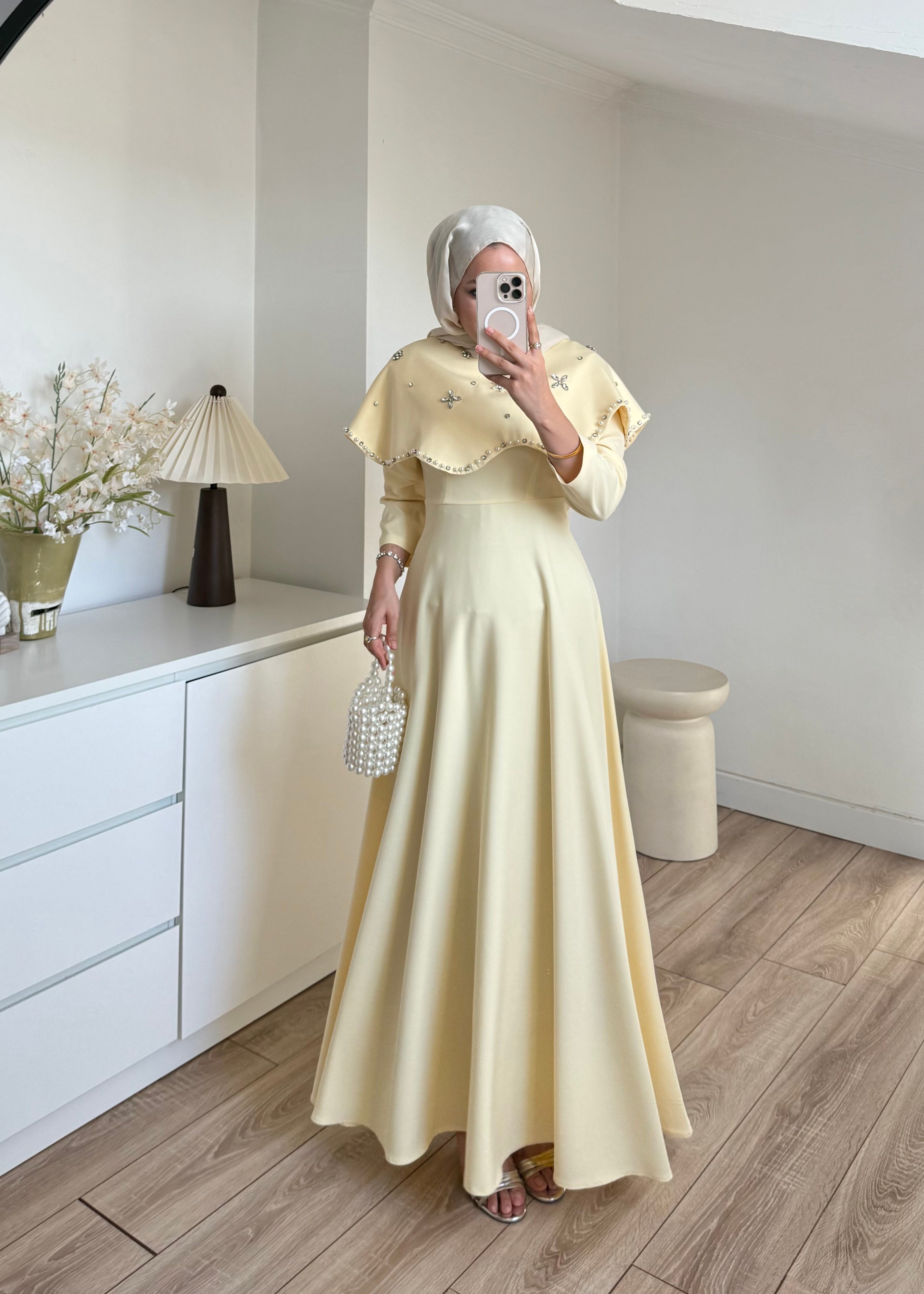 Yakalı Taşlı Abiye Sarı