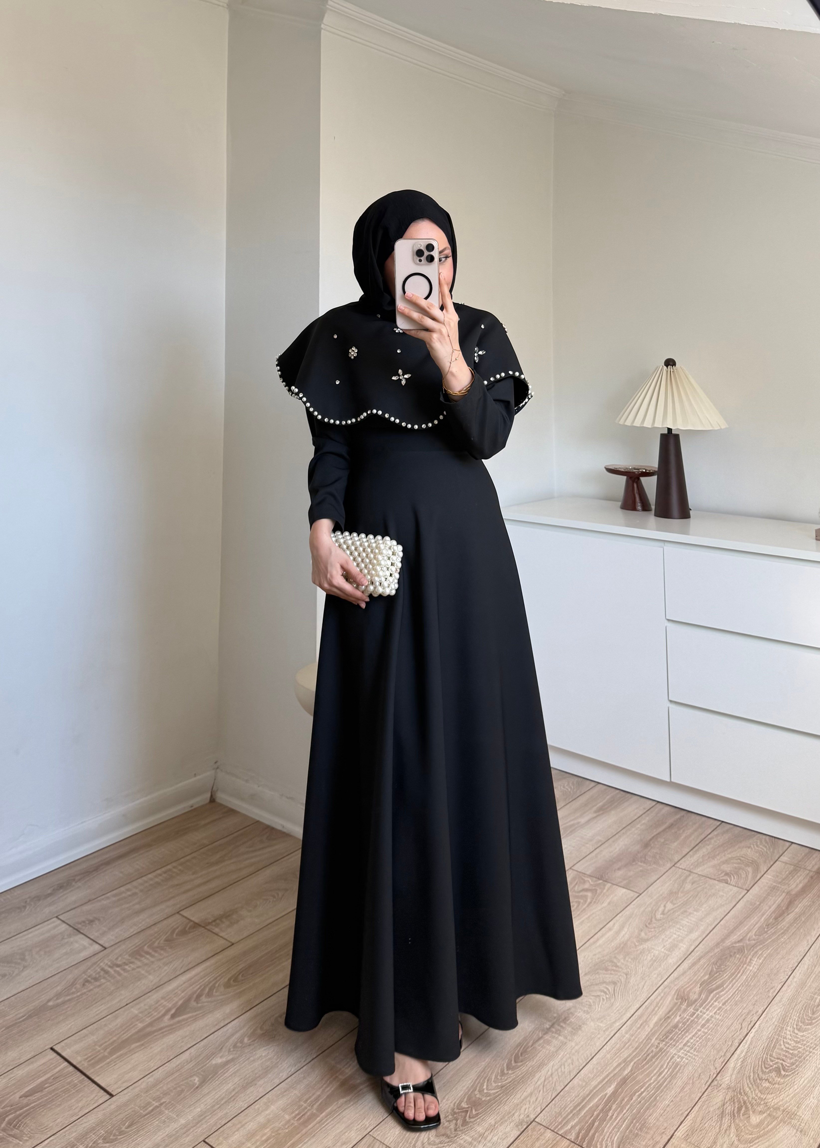 Yakalı Taşlı Abiye siyah