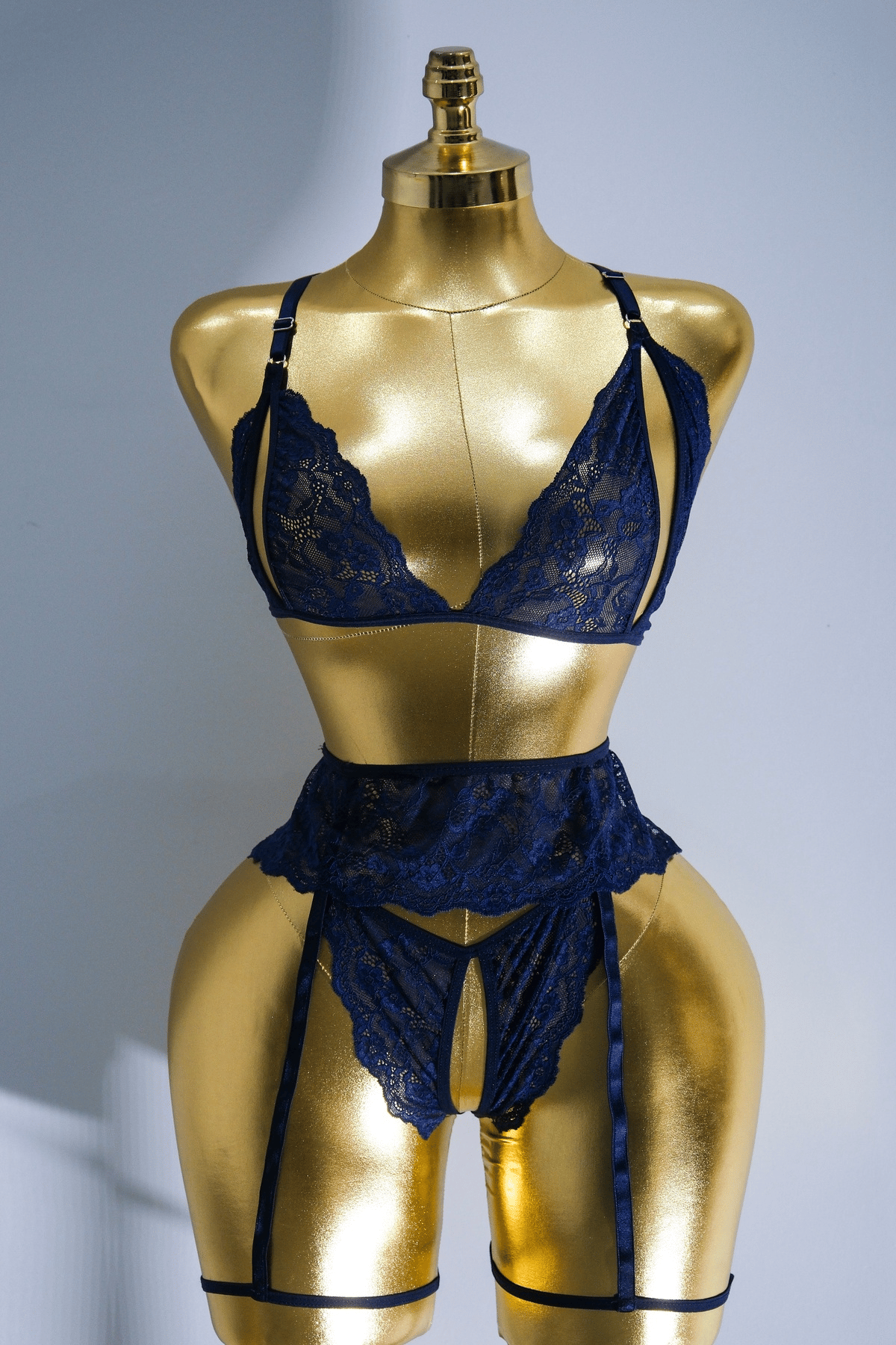 Lacivert Pencereli Dantelli Balensiz Babydoll