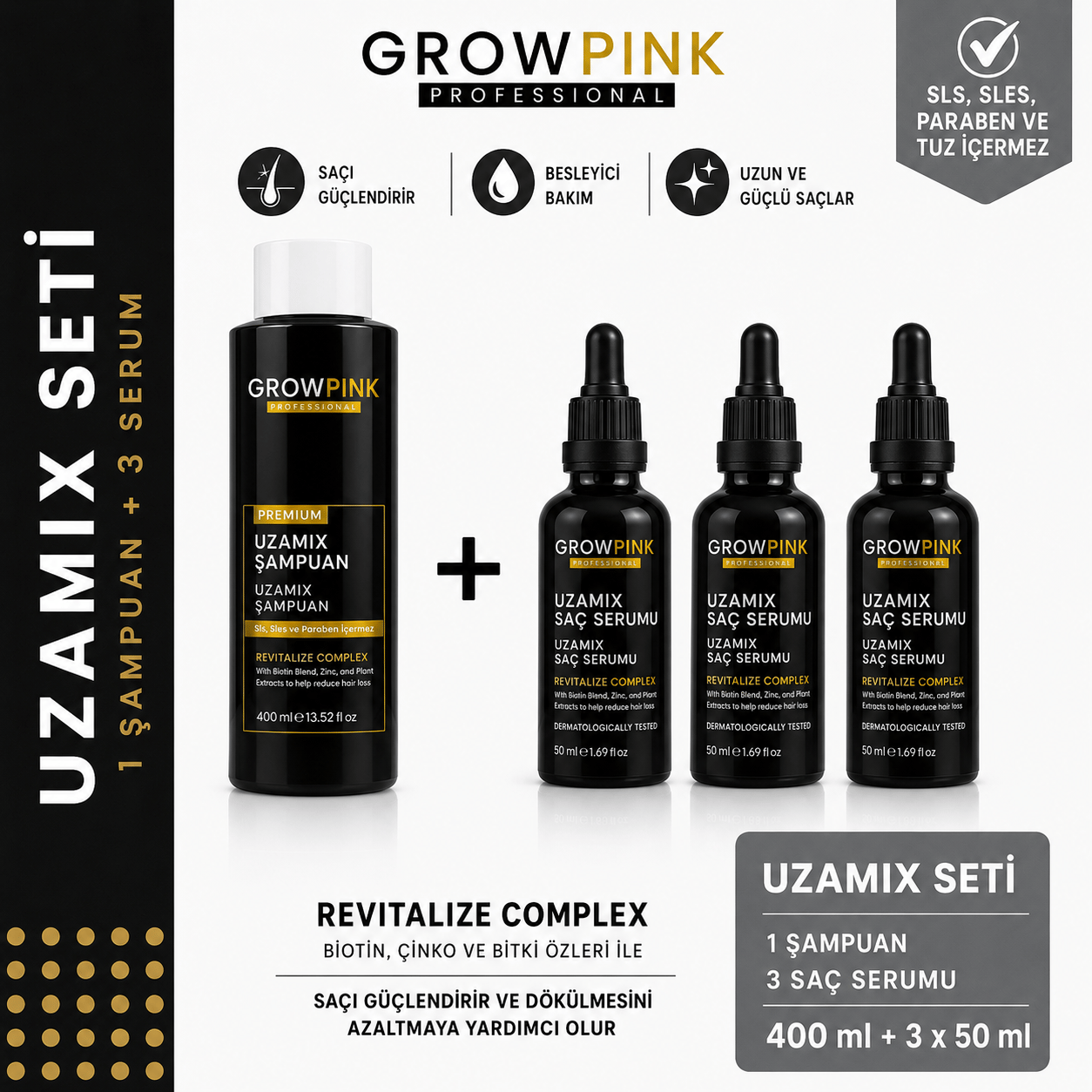 GROWPİNK Hızlı Saç Uzatıcı Uzamix Şampuan ve 3'lü Serum Seti - Dökülme Karşıtı Güçlendirici