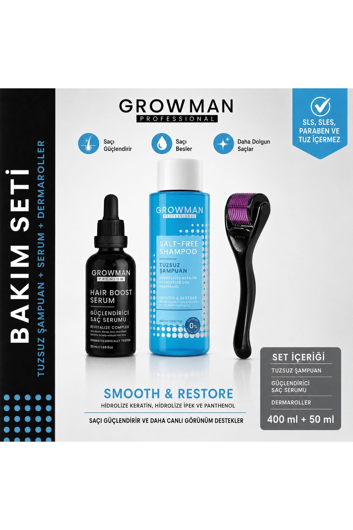 Serum 50 ML + Tuzsuz Şampuan + Dermaroller Tarak Hediyeli Set – Yoğun Bakım