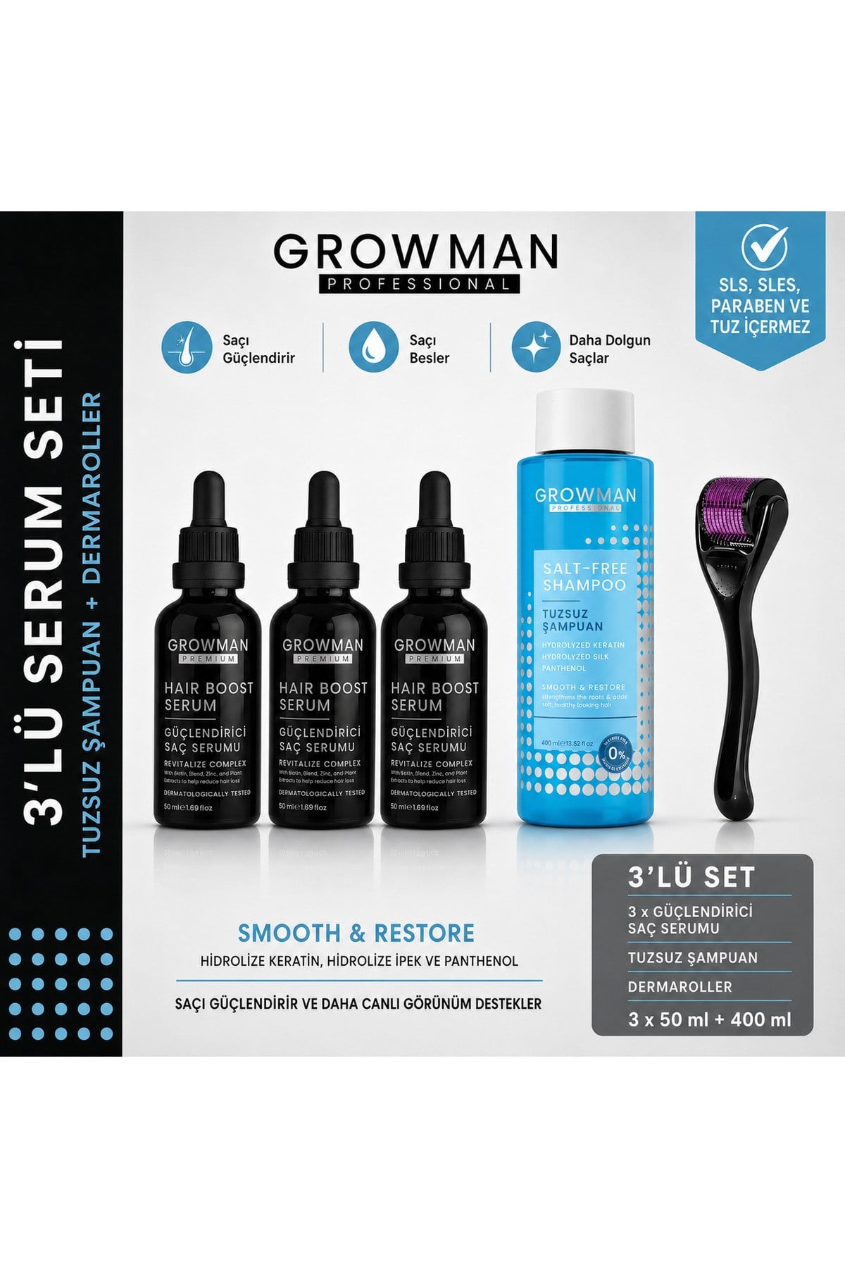 Serum 50 ML x3 + 1 Tuzsuz Şampuan+ Dermaroller Tarak Hediyeli Set – 70 Günlük Yoğun Bakım