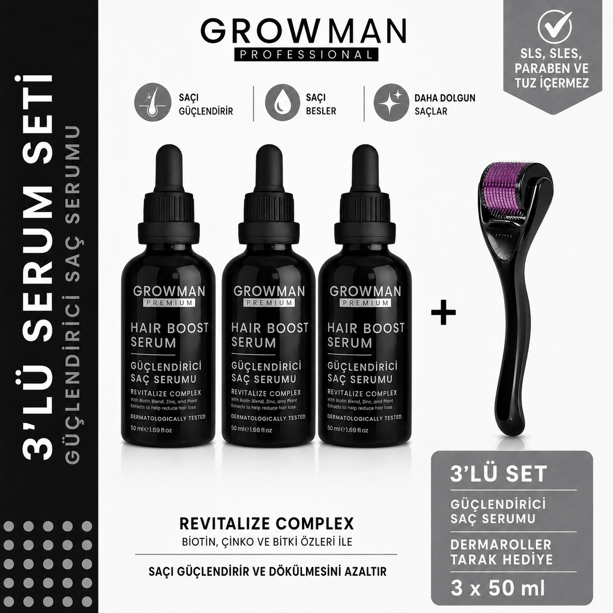 Serum 50 ML x3 + Dermaroller Tarak Hediyeli Set – 70 Günlük Yoğun Bakım