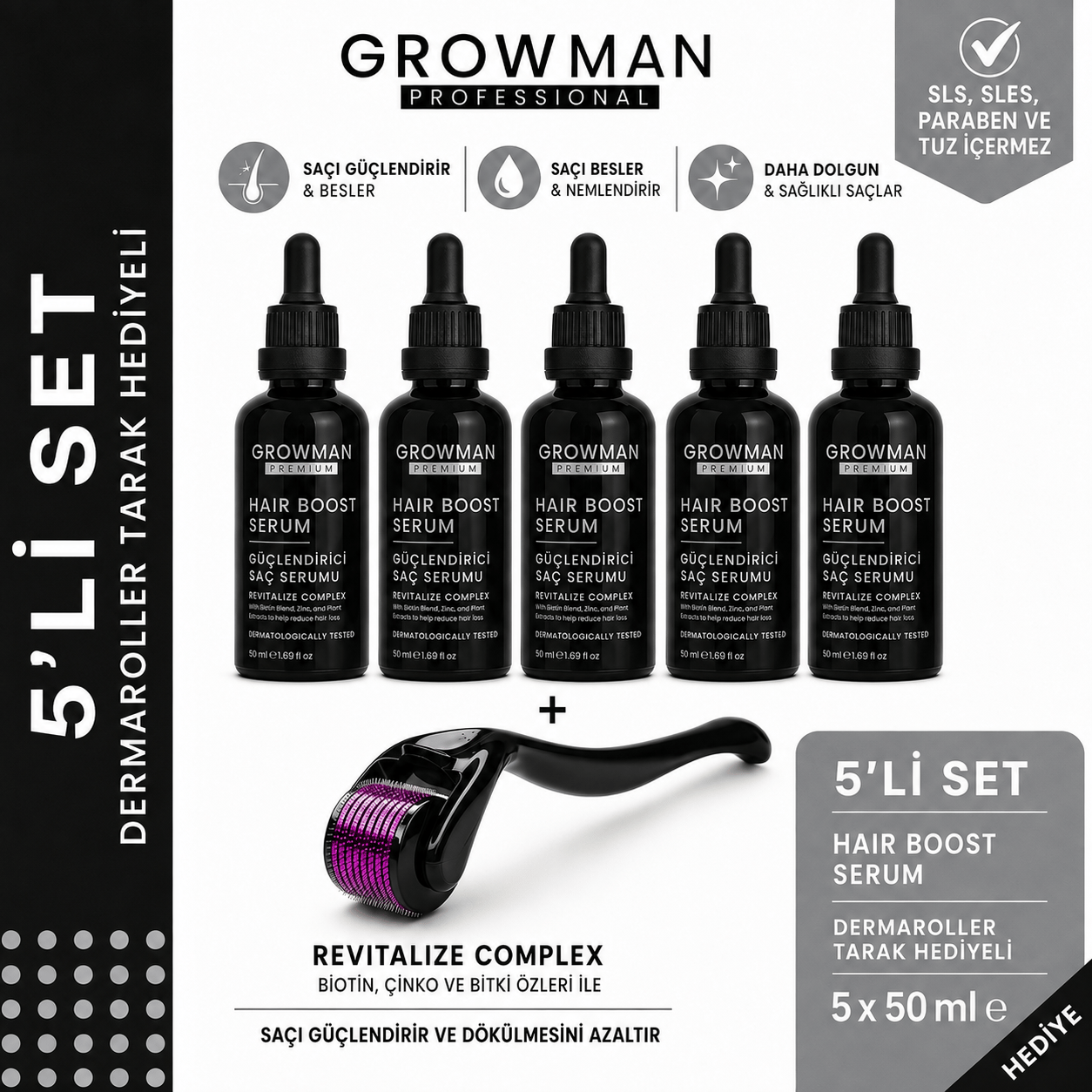 Serum 50 ML x5 + Dermaroller Tarak Hediyeli Set – 150 Günlük Yoğun Bakım
