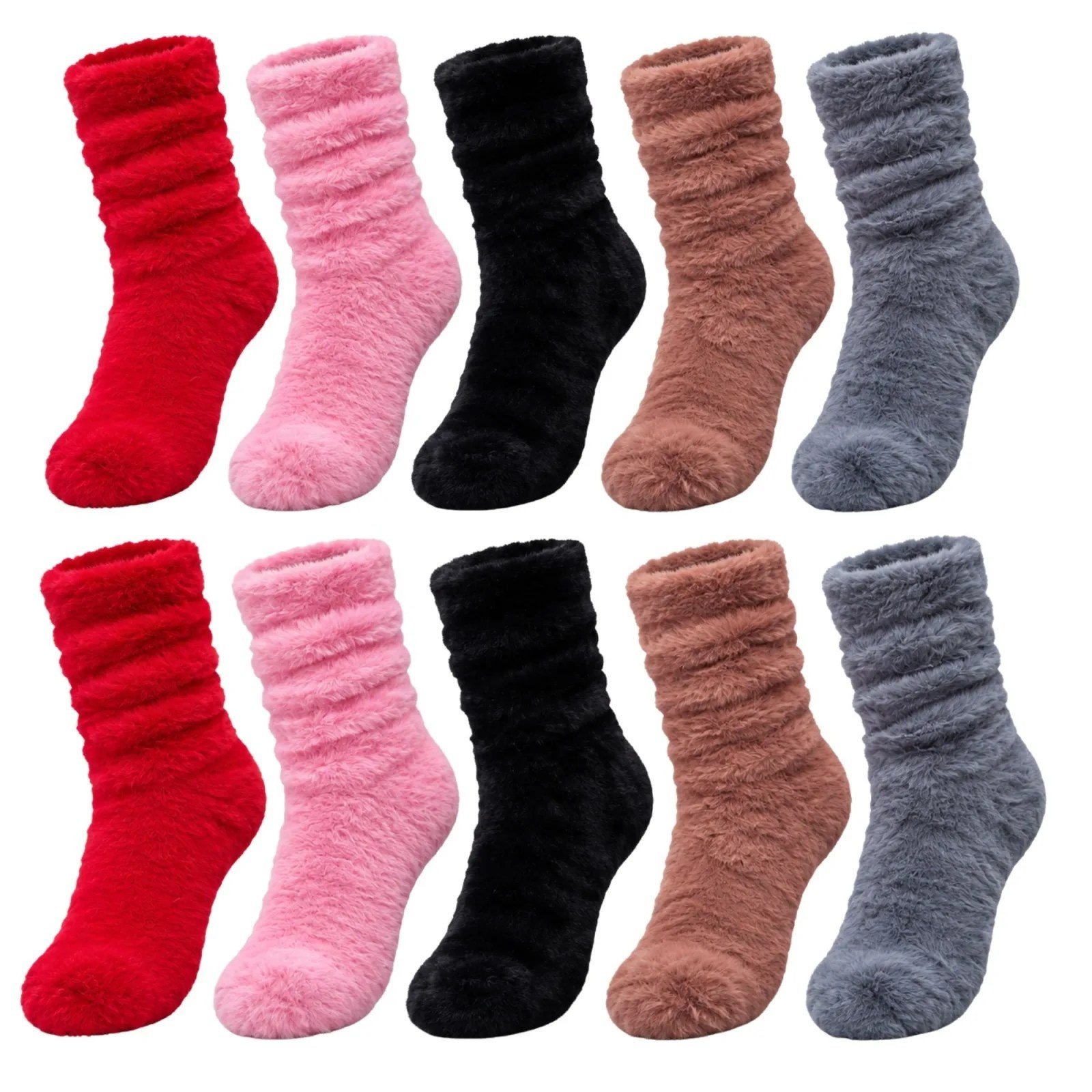 Kadın Peluş Ev Çorabı 10'lu Set | Yumuşacık Tüylü Büzgülü Kışlık Çorap Kırmızı Pembe Siyah Kahve Gri