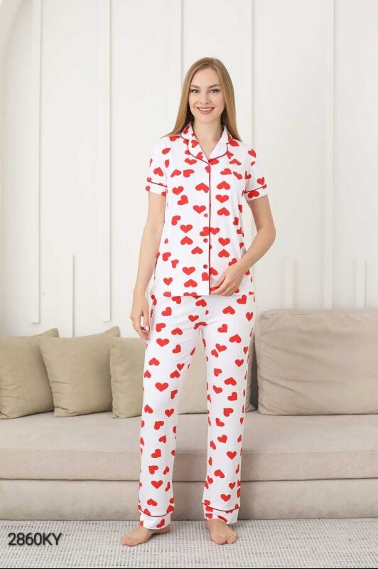 Kalp Desenli Kadın Pijama Takımı - Önden Düğmeli Likralı Kısa Kollu