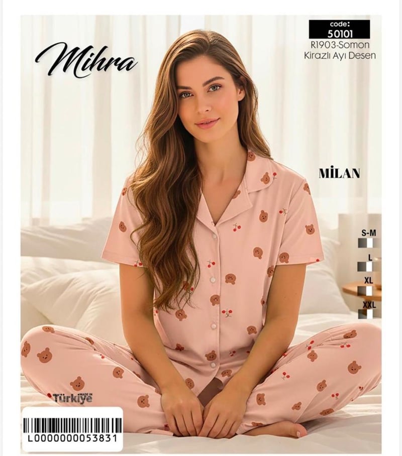 Mihra 50101-R1903 Kadın Bambu Milan Kısa Kol Önd. Düğ. Pijama Takımı