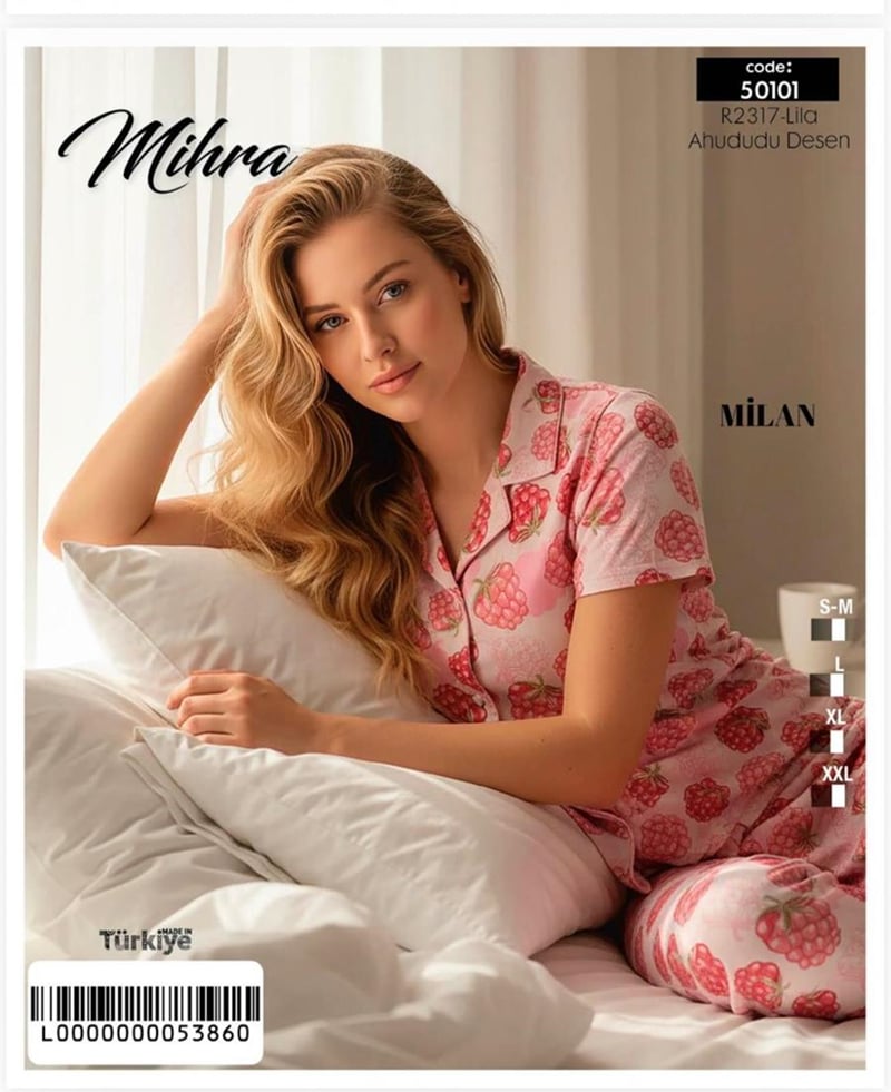 Mihra 50101-R2317 Kadın Bambu Milan Kısa Kol Önd. Düğ. Pijama Takımı