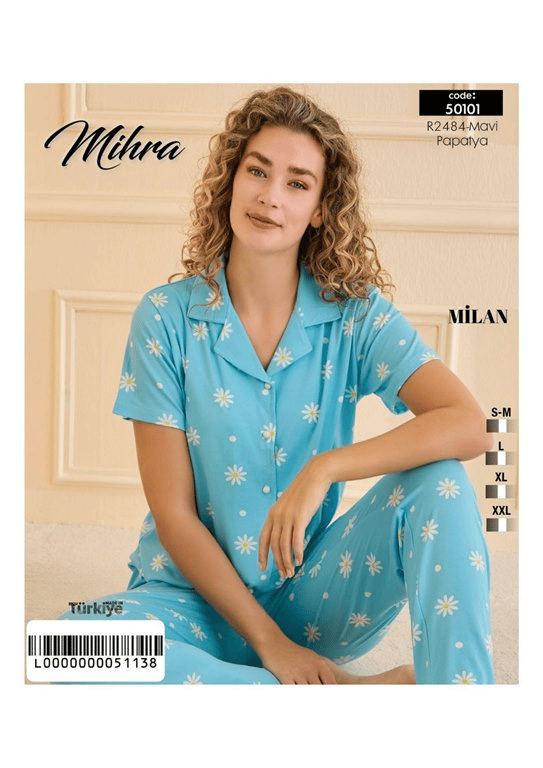 Mihra 50101-R2484 Kadın Bambu Milan Kısa Kol Önd. Düğ. Pijama Takımı