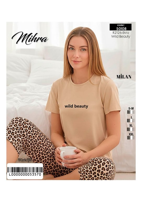 Mihra 50108-R2126 Kadın Bambu Milan Baskılı Kaprili Pijama Takım