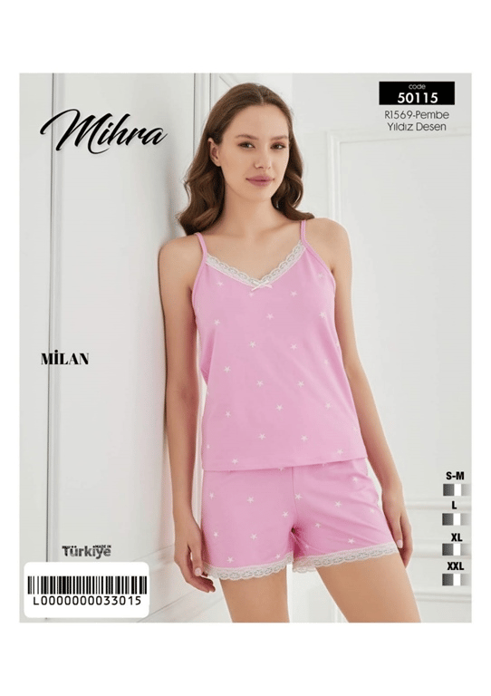 Mihra 50115-R1569 Kadın Bambu İp Askılı Alt Şort Dantelli Pijama Takımı
