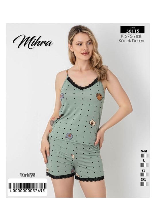 Mihra 50115-R1675 Kadın Bambu İp Askılı Alt Şort Dantelli Pijama Takımı
