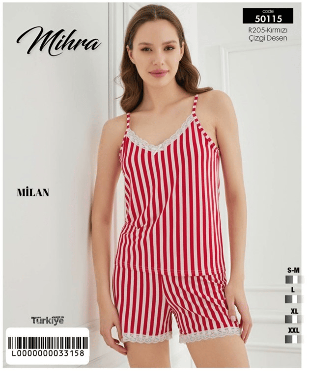 Mihra 50115-R205 Kadın Bambu İp Askılı Alt Şort Dantelli Pijama Takımı