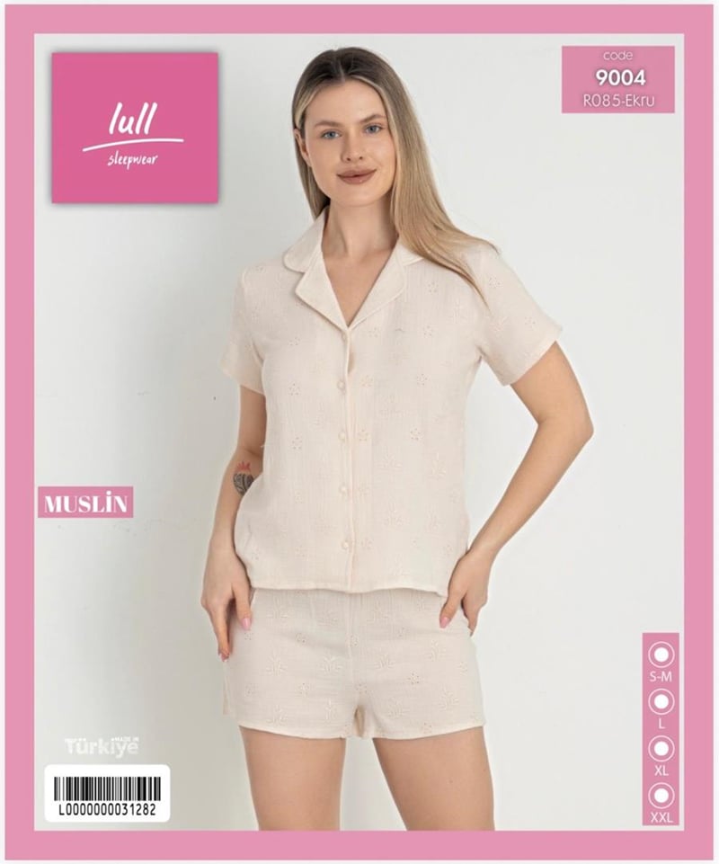 Mihra-Lull 9004-R085 Kadın Bambu Müslin Düğmeli Kısa Kol Şortlu Pijama Takımı
