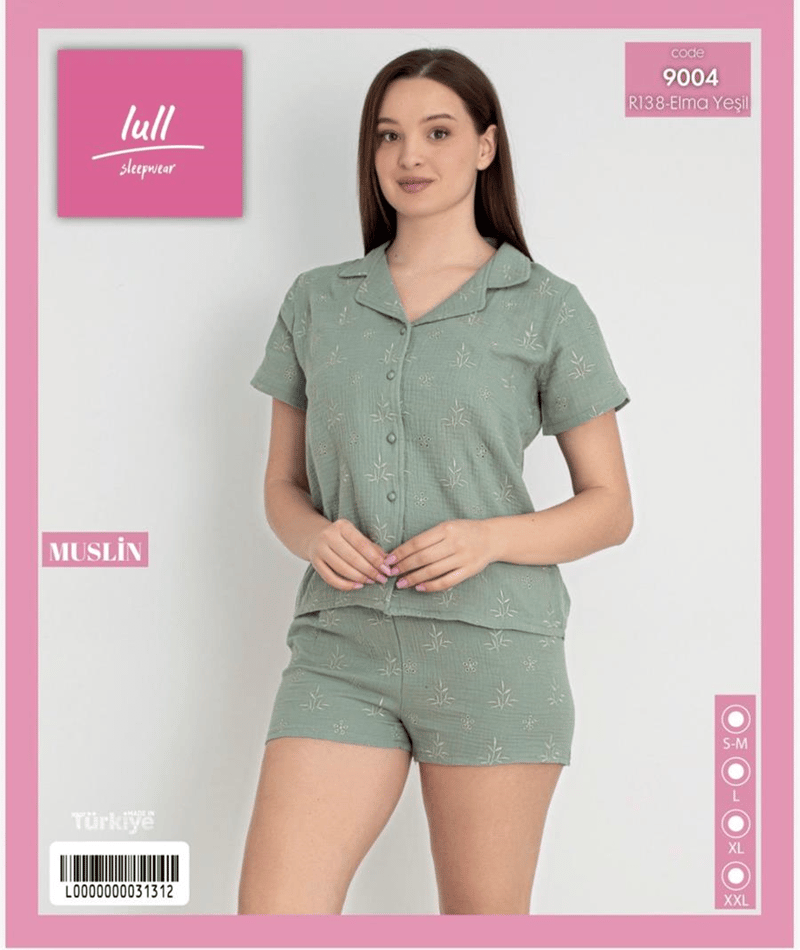 Mihra-Lull 9004-R138 Kadın Bambu Müslin Düğmeli Kısa Kol Şortlu Pijama Takımı