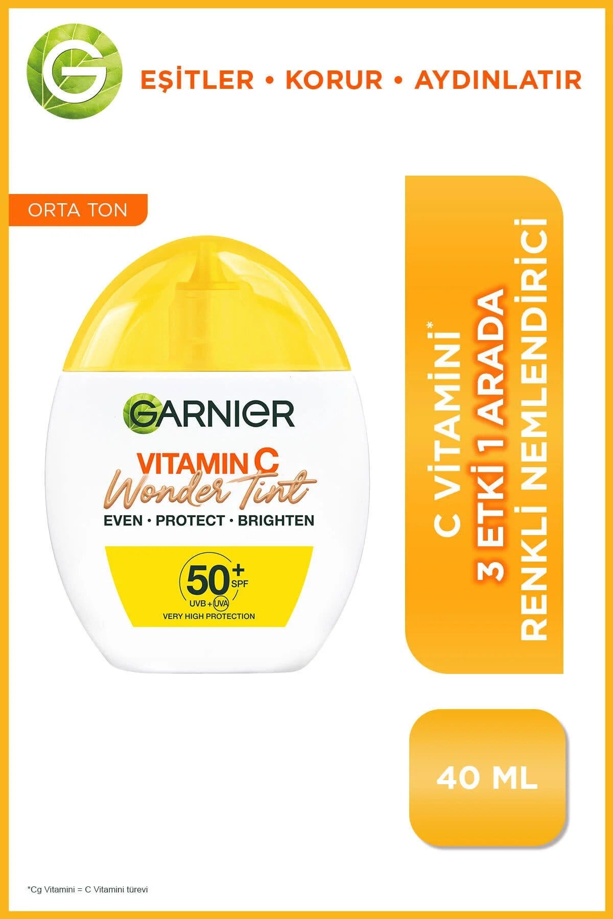 Garnier C Vitamini Wonder Tint 3 Etki 1 Arada Renkli Nemlendirici Orta Ton, SPF50, Vegan