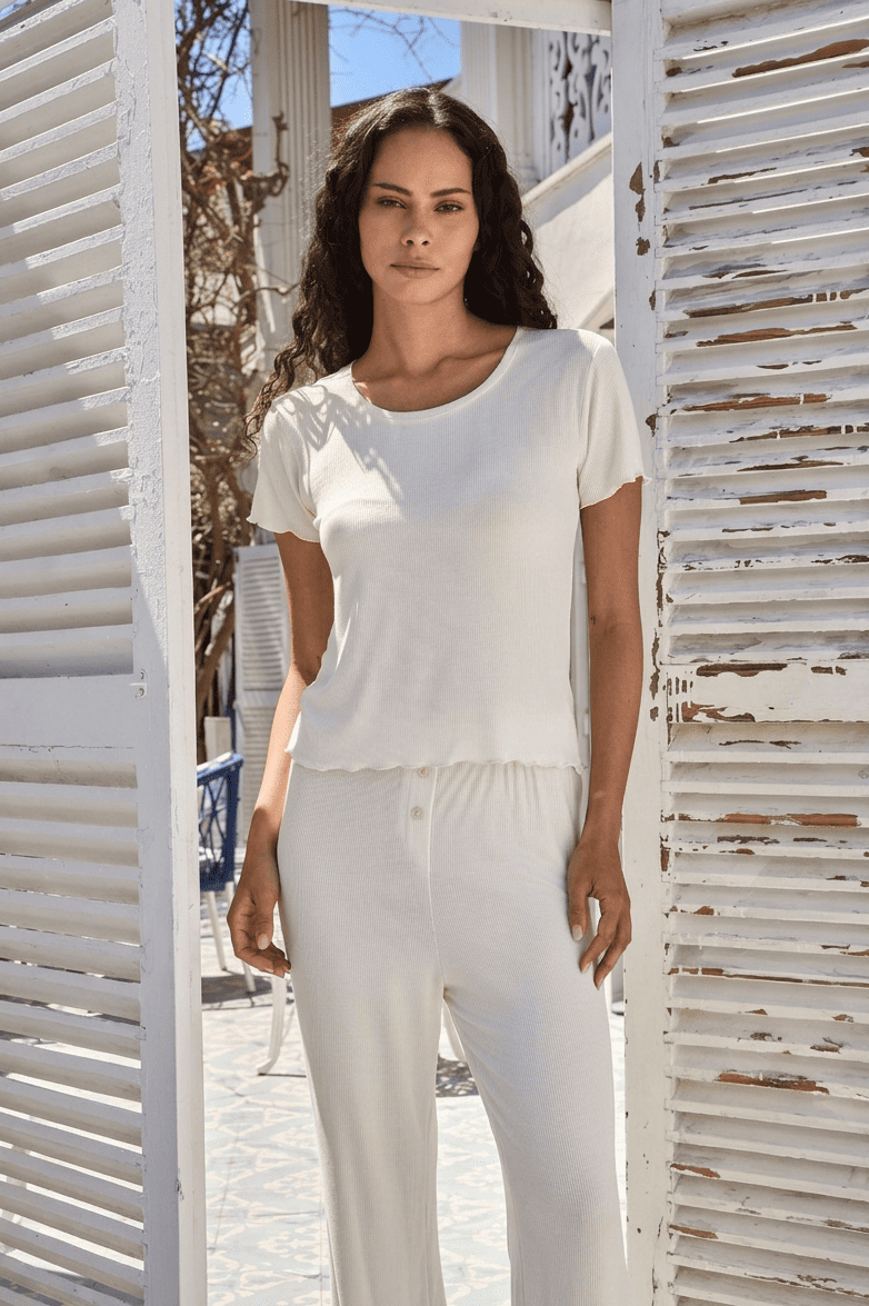 DEBRA Modal Karışımlı Kaşkorse Kısa Kol Tshirt - Ekru