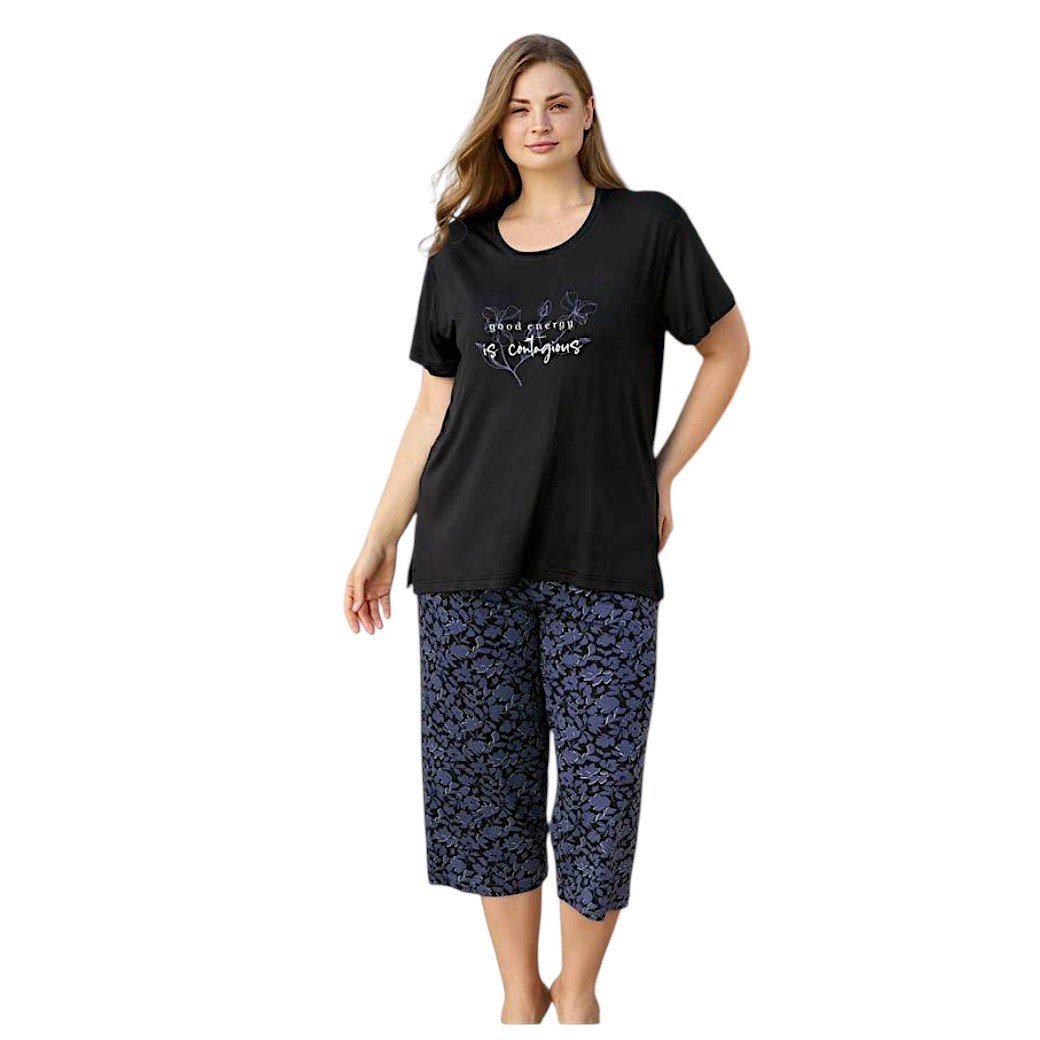 Aydoğan Kadın %95 Viskon %5 Esnek Kısa Kol Kapri Büyük Beden  Lacivert Pijama Takımı 