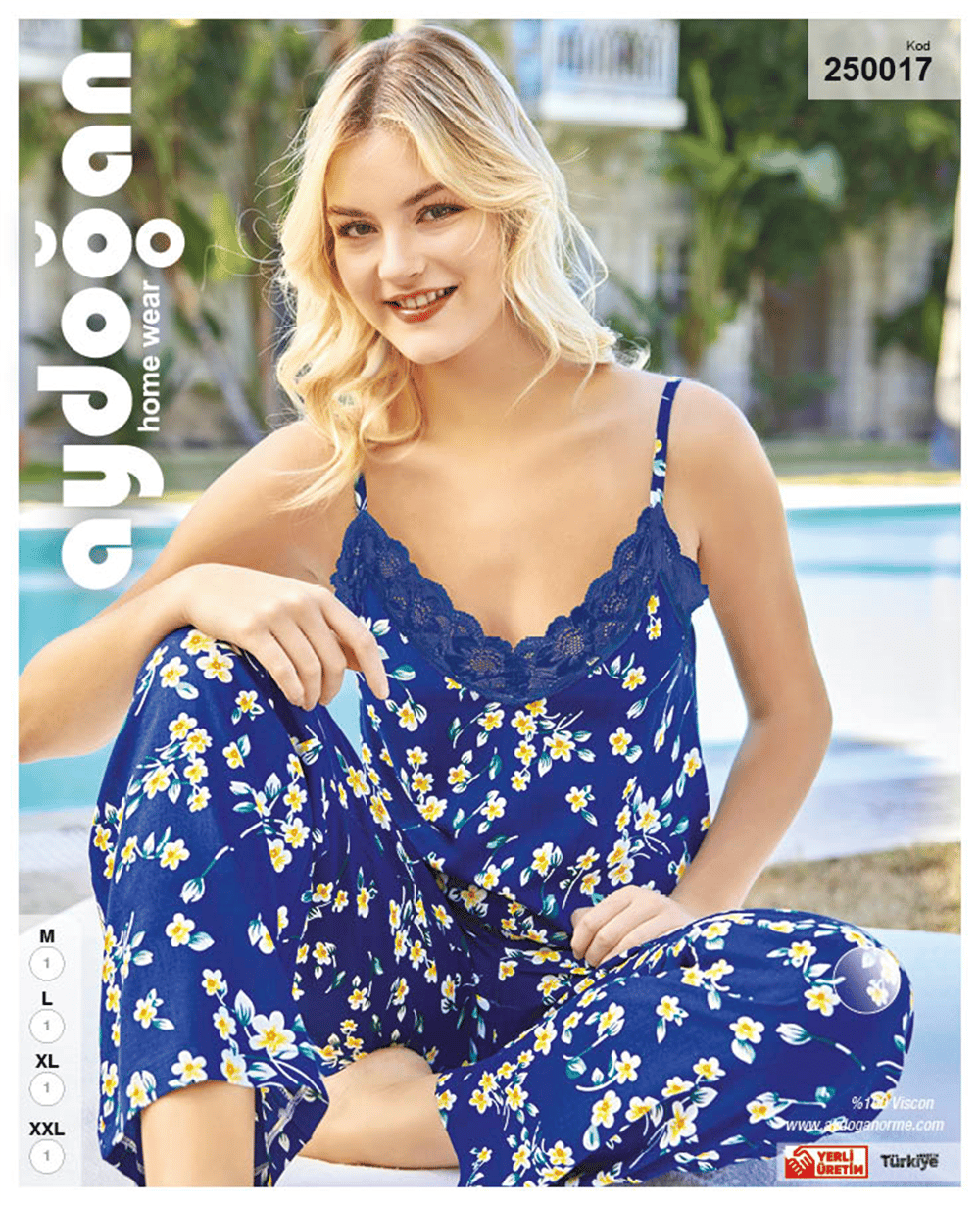 Aydoğan Kadın %100 Viskon İp Askılı Uzun Bacak Mavi Papatya Çiçek Desenli  Pijama Takımı 