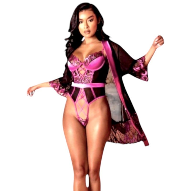 Fantezi Tül Siyah Pembe Bodysuit-Sabahlık Set