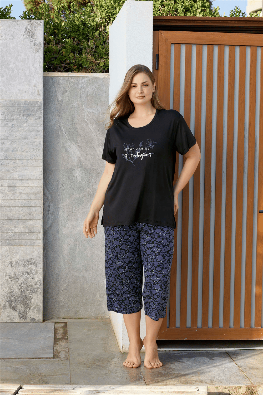 Aydoğan Kadın %95 Viskon %5 Esnek Kısa Kol Kapri Büyük Beden  Lacivert Pijama Takımı 