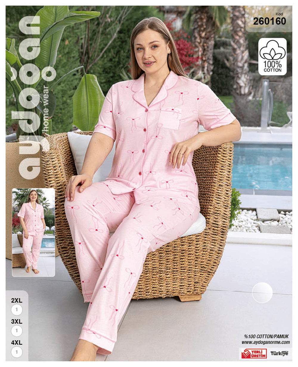 Aydoğan Kadın  %100 Pamuk Önden Düğmeli  Büyük Beden  Pembe Kısa Kollu Düz Paça  Pijama Takımı 