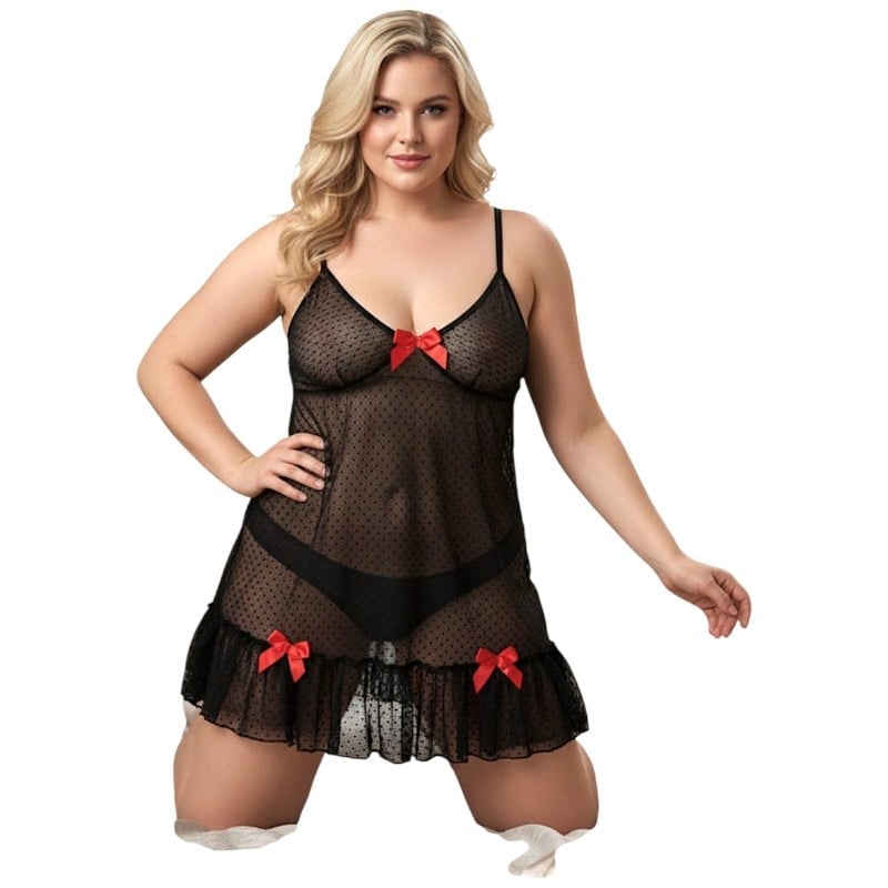 Fantazi Kırmızı Fiyonklu Gecelik  -Külot Tanga Set