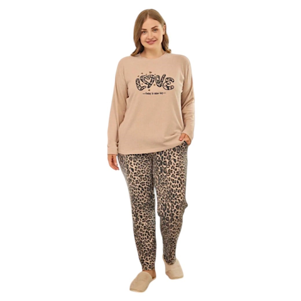 Aydoğan Kadın Bej Leopar Desenli Büyük Beden Termal Pijama Takımı  